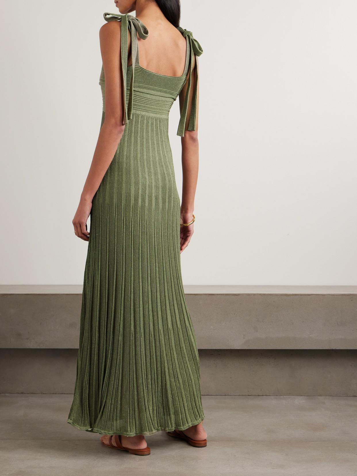 zimmermann knitted dress Wanderlust Metallic Ribbed-Knit Maxi in Green Pearl Dress