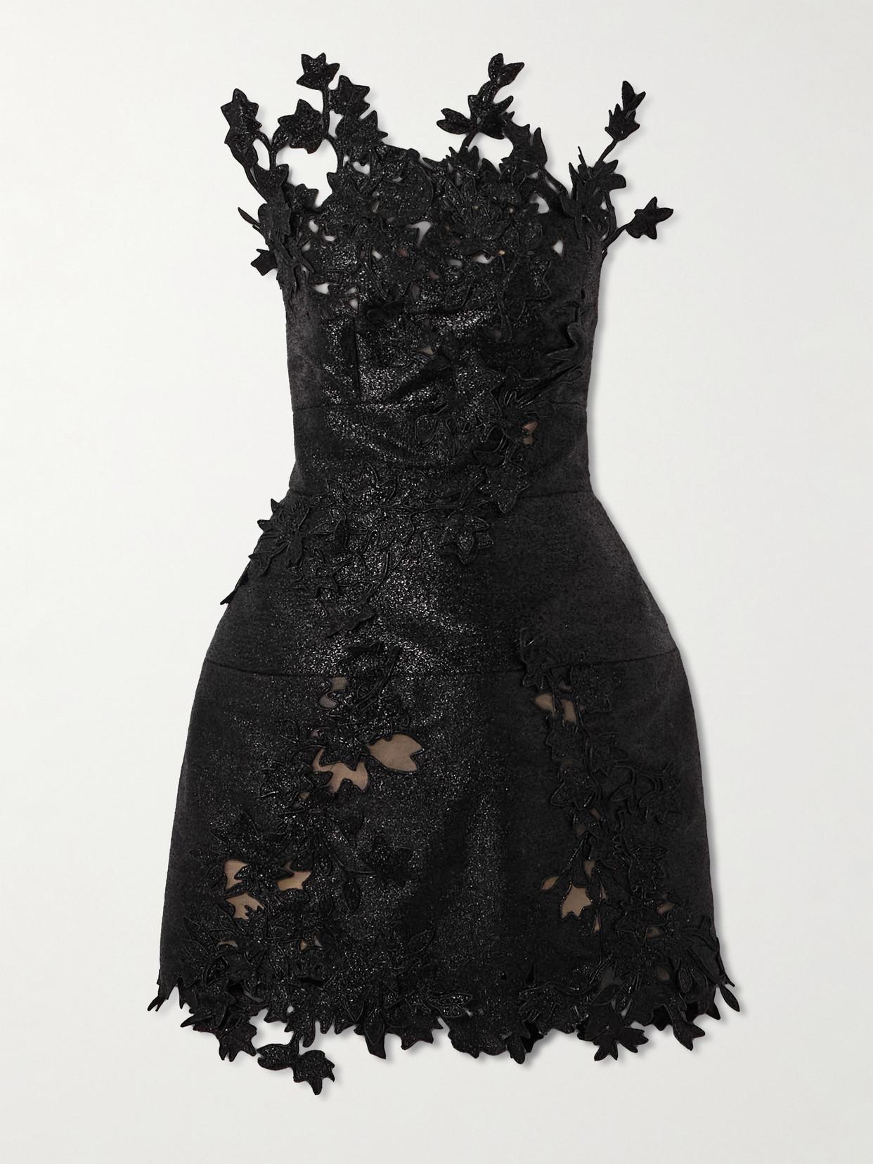 oscar de la renta little black dress Oscar de la Renta Strapless Appliquéd Metallic Silk And Tulle Mini Dress in  Black