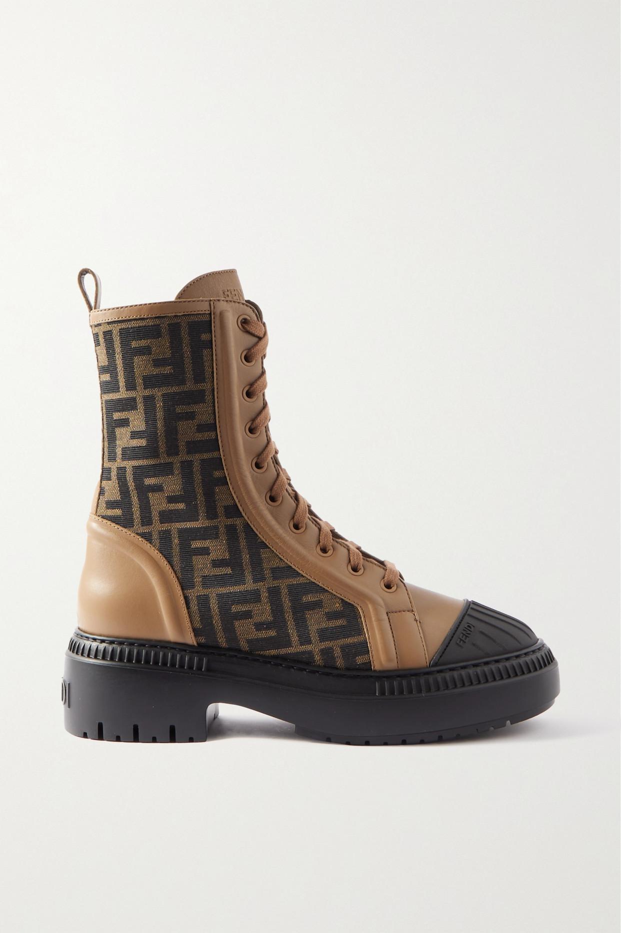 Fendi Rubber-trimmed Leather And Canvas-jacquard Combat Boots in Brown |  Lyst