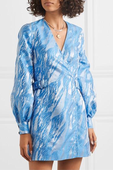 Ganni Synthetic Jacquard Mini Wrap Dress in Blue - Lyst
