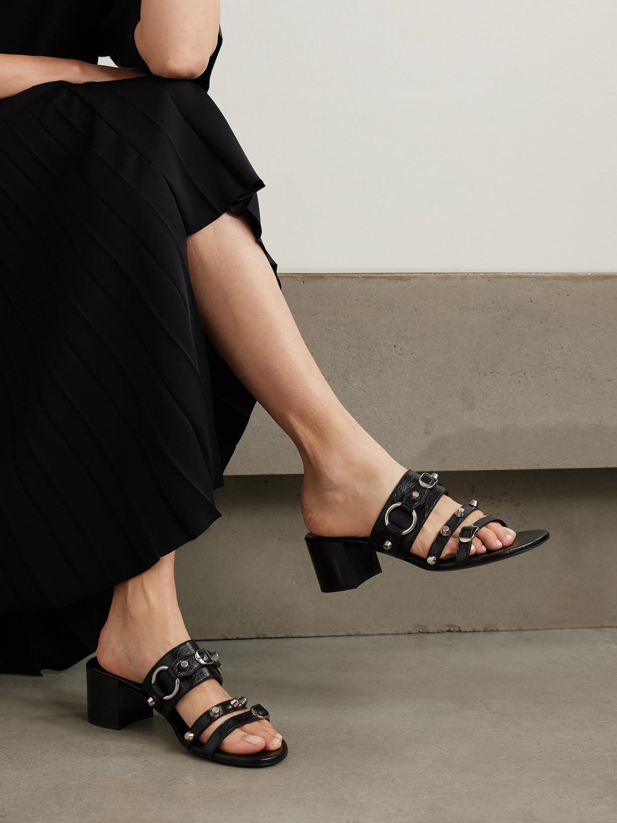 Balenciaga City Embellished Crinkled-Leather Mules in Black