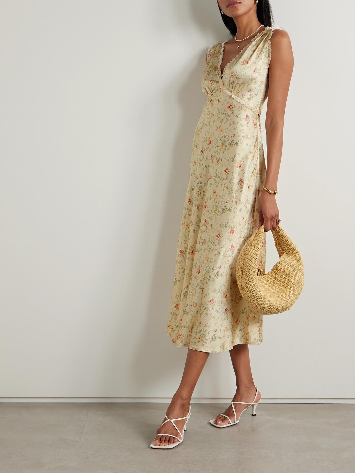 Doen Tahlia Lace-trimmed Floral-print Silk-charmeuse Midi Dress in Metallic | Lyst Doen Tahlia Lace-trimmed Floral-print Silk-charmeuse Midi Dress in Metallic | Lyst