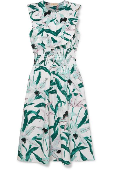 Tory Burch Ruffled Smocked Floral-print Cotton Midi Dress in Light Blue (Blue) - Lyst