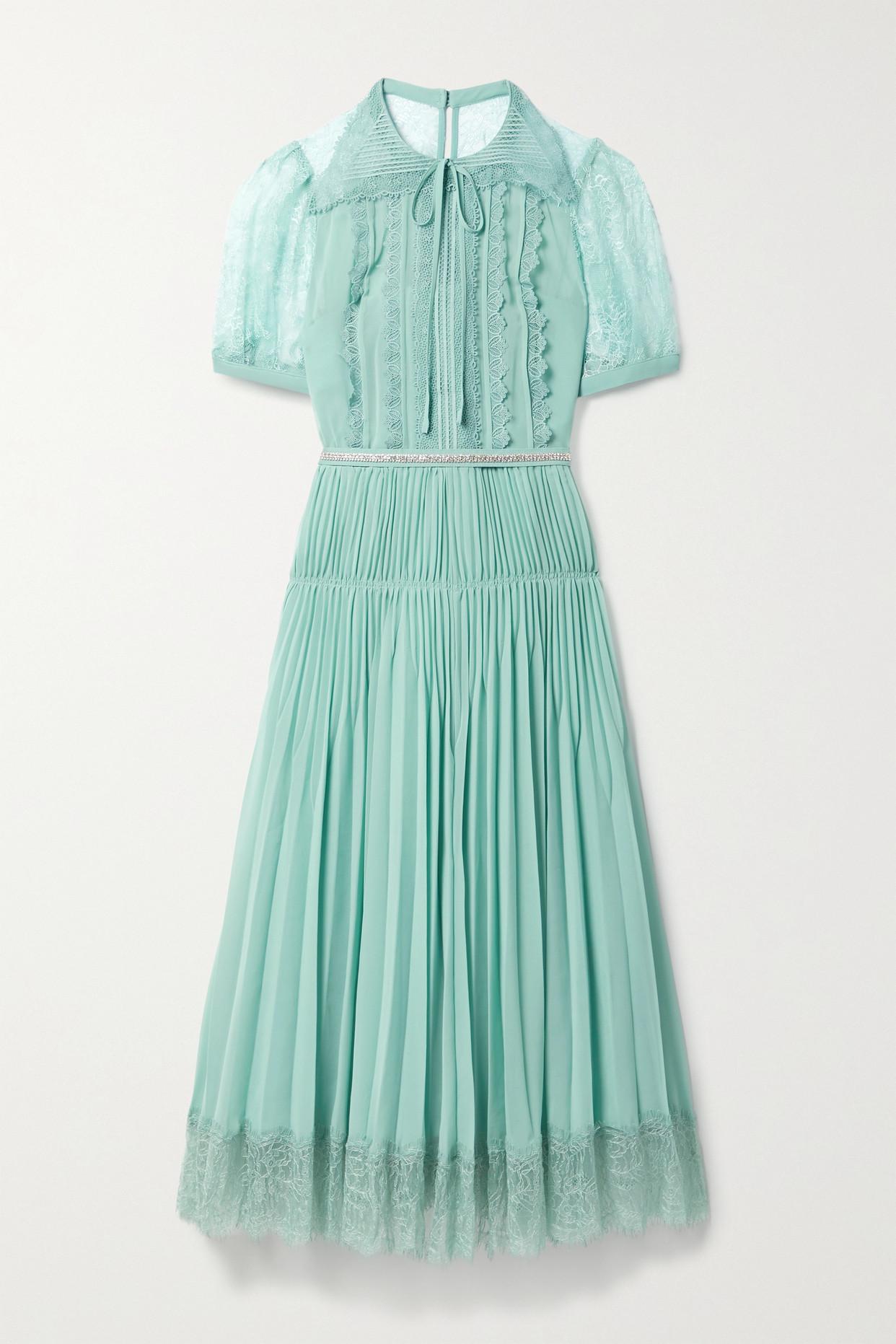 Self-Portrait Crystal-embellished Pleated Chiffon And Lace Dress in Blue |  Lyst