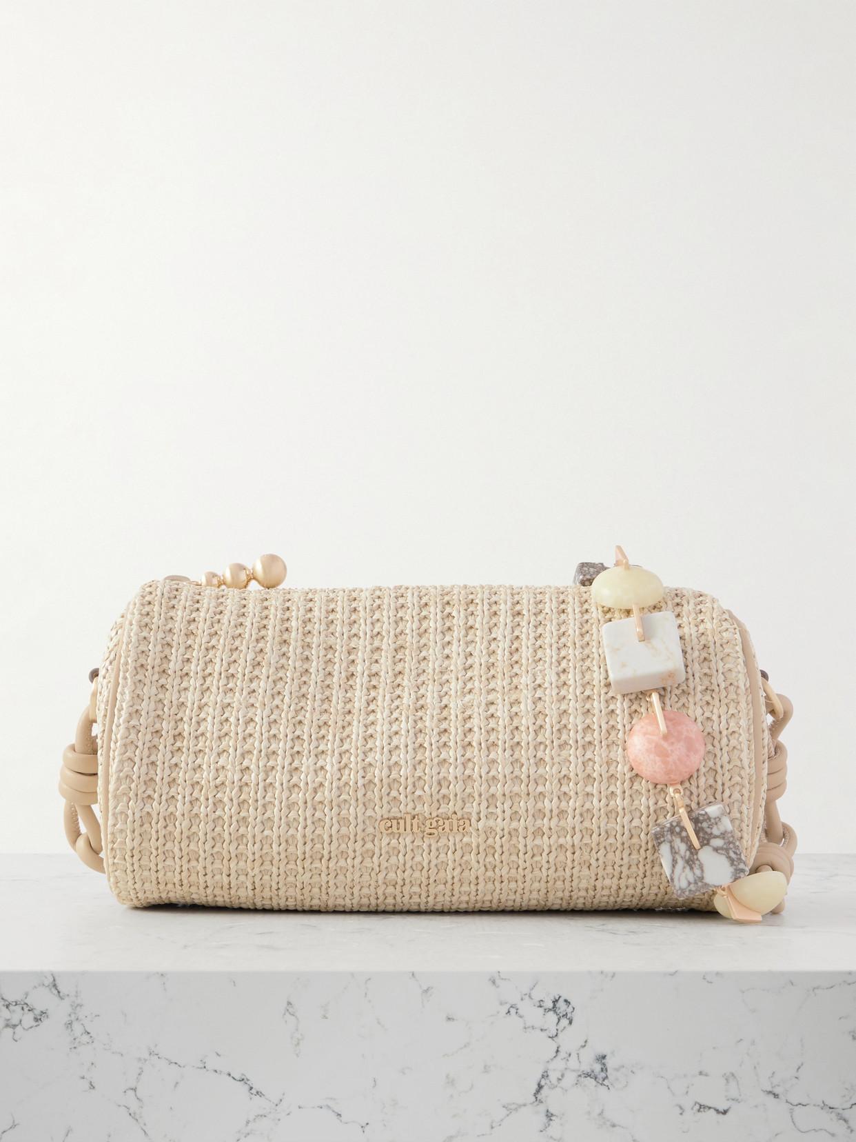 Cult Gaia Zozina Embellished Leather-Trimmed Raffia Shoulder Bag