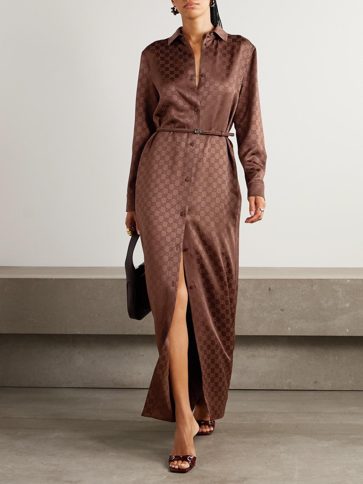 Gucci Belted Satin-Jacquard Maxi Shirt Dress in Brown Lyst UK