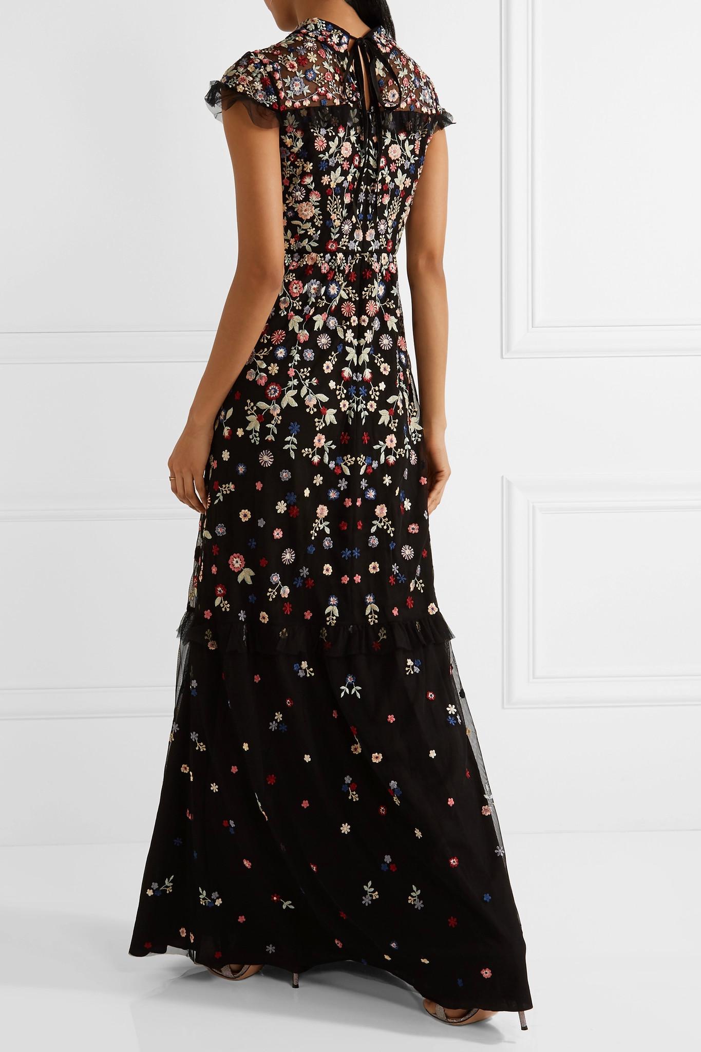 Needle & Thread Velvet Posy Embroidered Gown in Black - Lyst