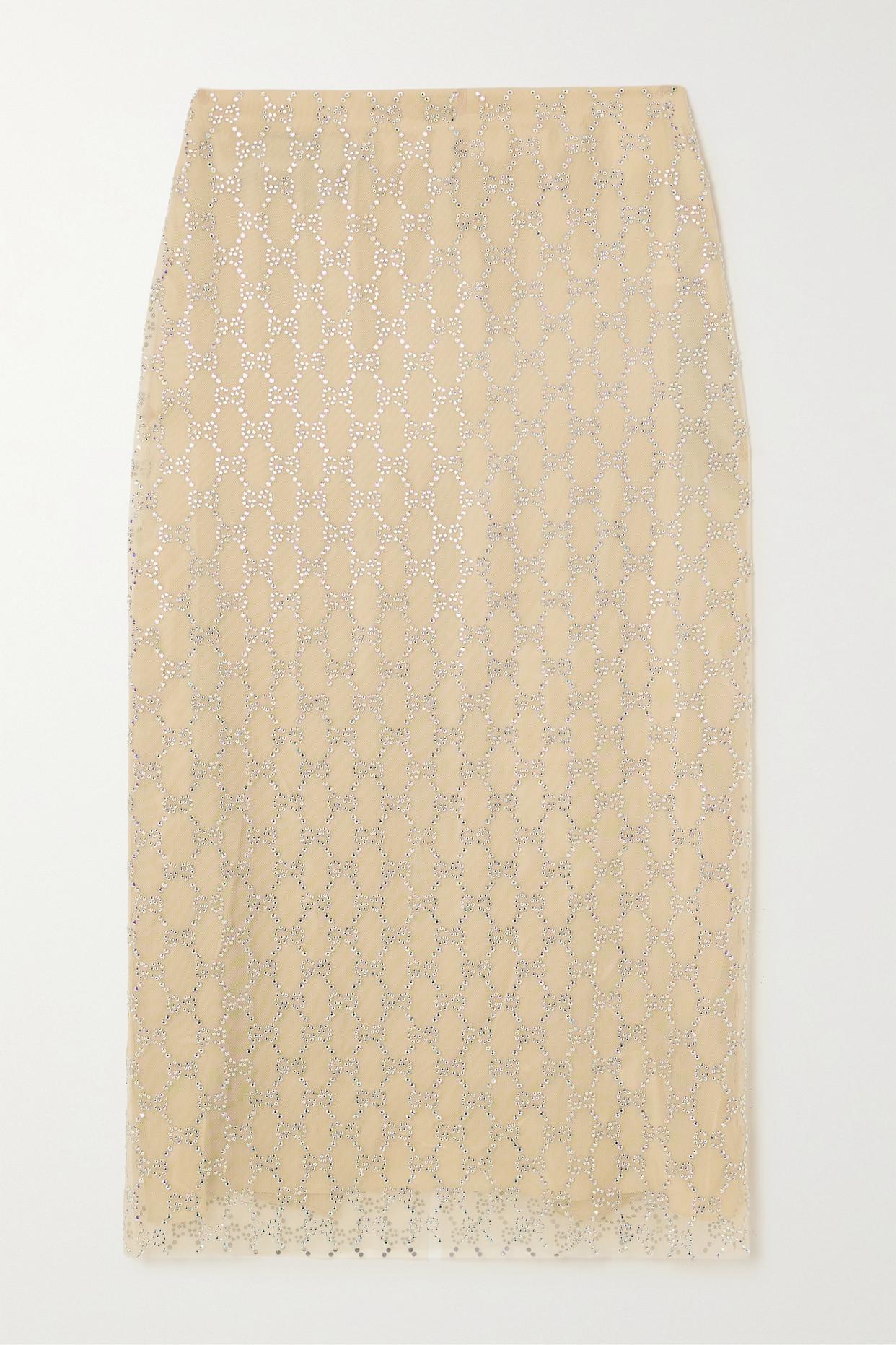 Gucci Crystal-embellished Stretch-tulle Midi Skirt in Natural | Lyst