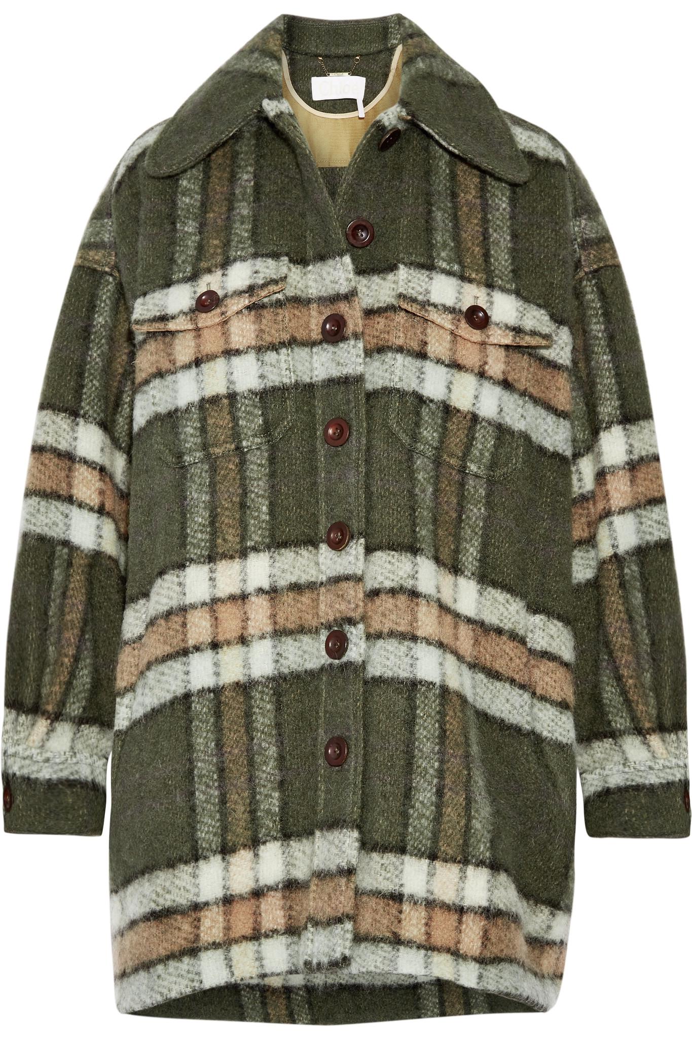 Chloé Flannel Oversized Plaid Mohairblend Jacket in Army Green (Green