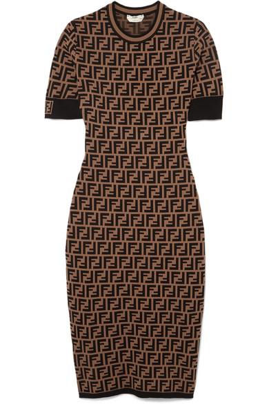 Fendi Ff Logo Print Fitted Dress in Brown | Lyst