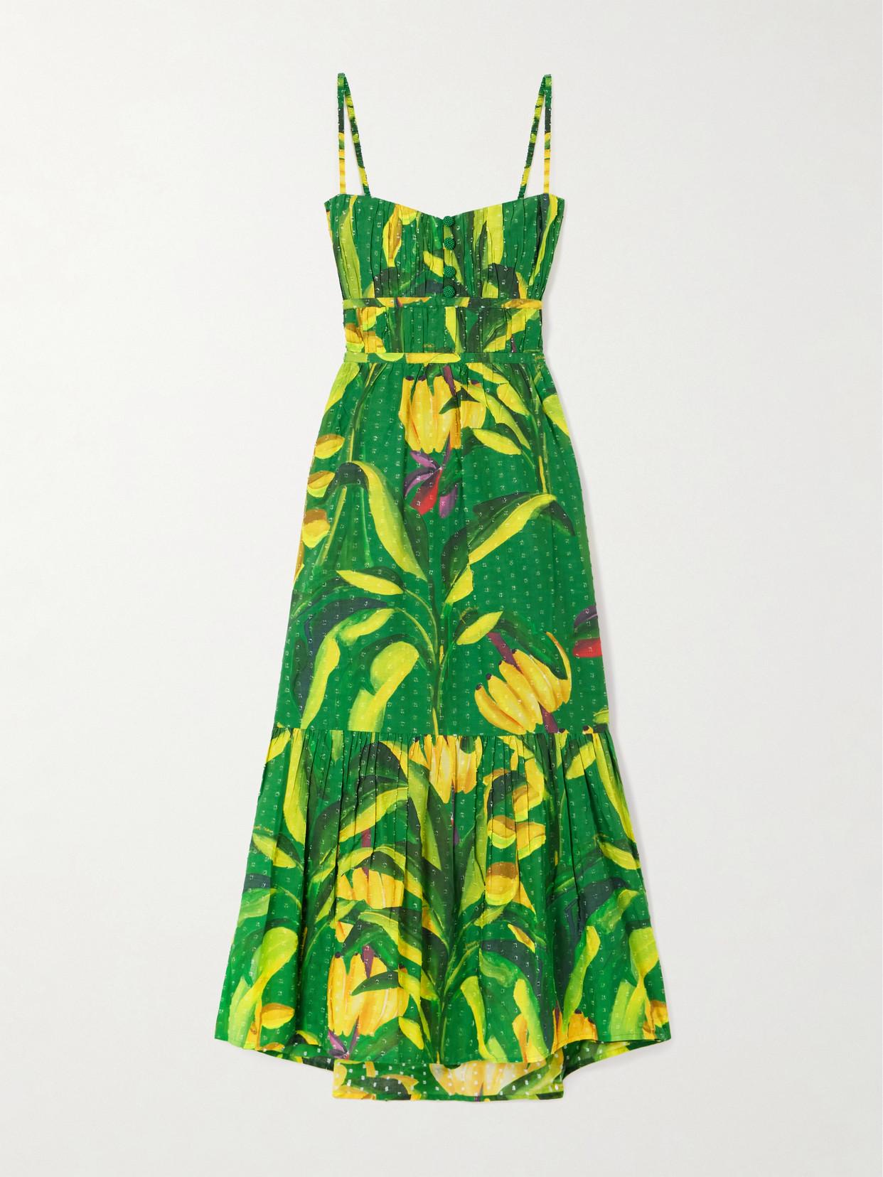 farm rio green banana linen mini dress FARM Rio Banana Aquarela Pleated Printed Swiss-Dot Linen Midi Dress in Green