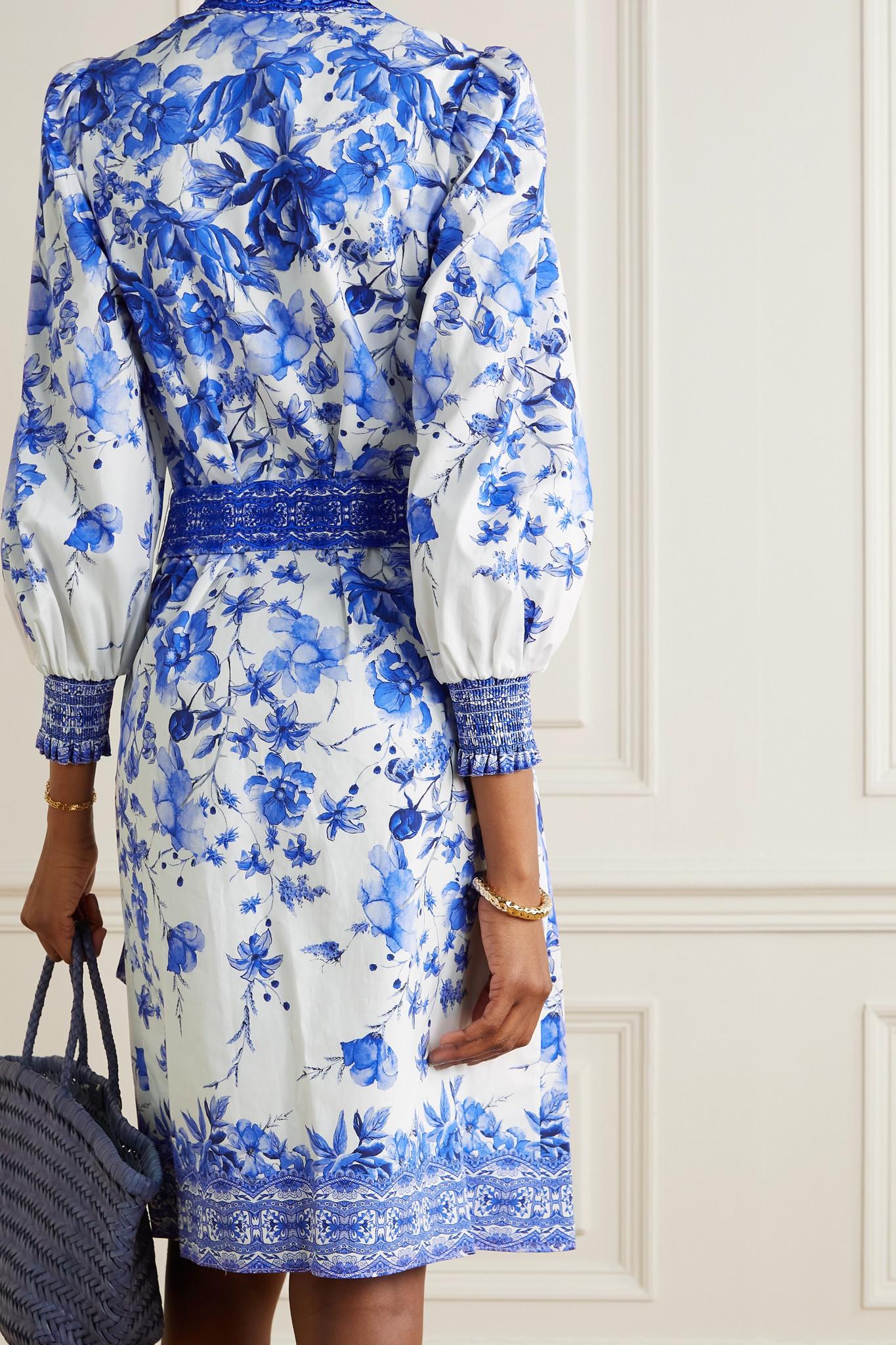 Alice + Olivia Shanley Belted Floral-print Cotton Midi Dress in Blue | Lyst