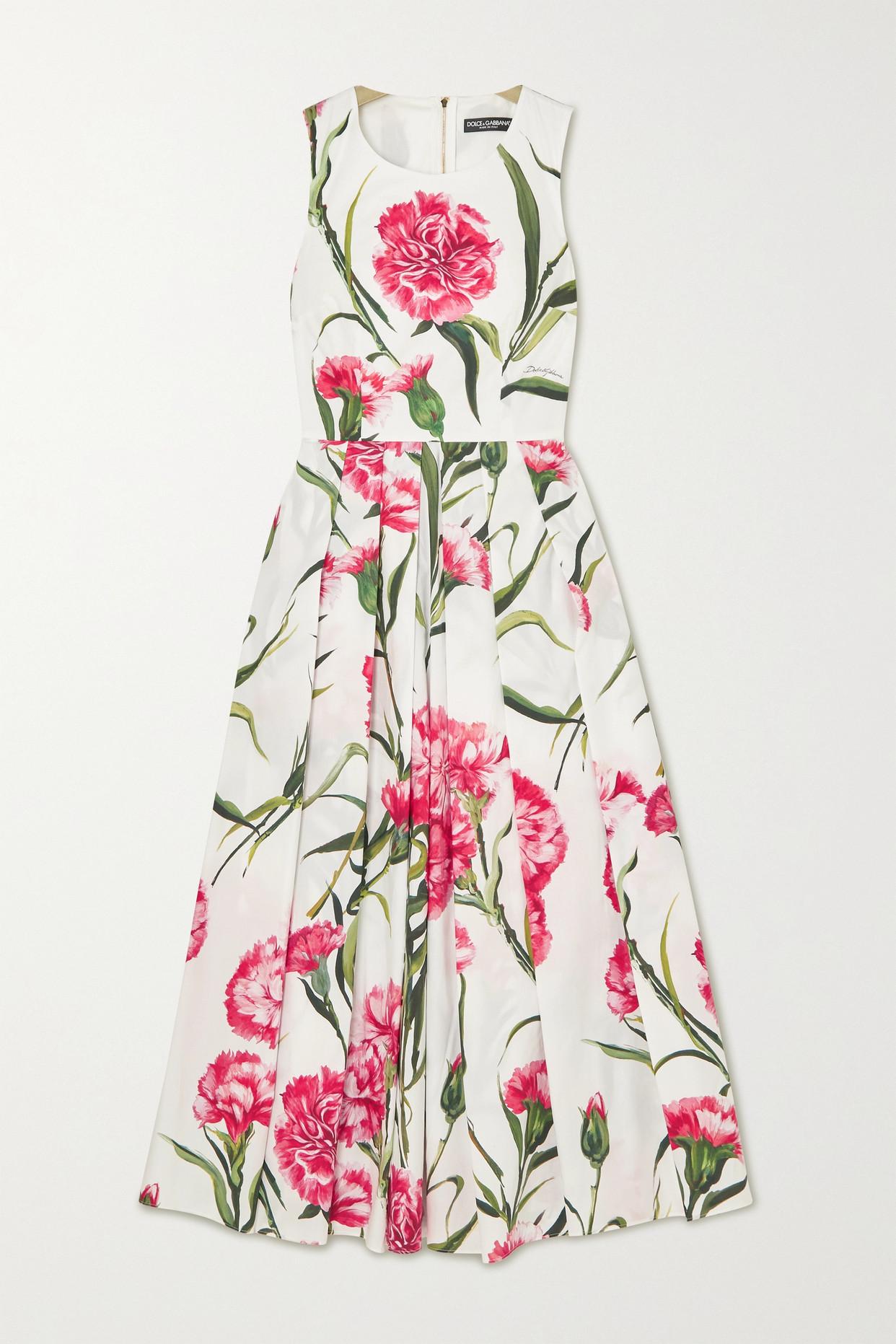 Dolce & Gabbana Pleated Floral-print Cotton-poplin Midi Dress in White |  Lyst