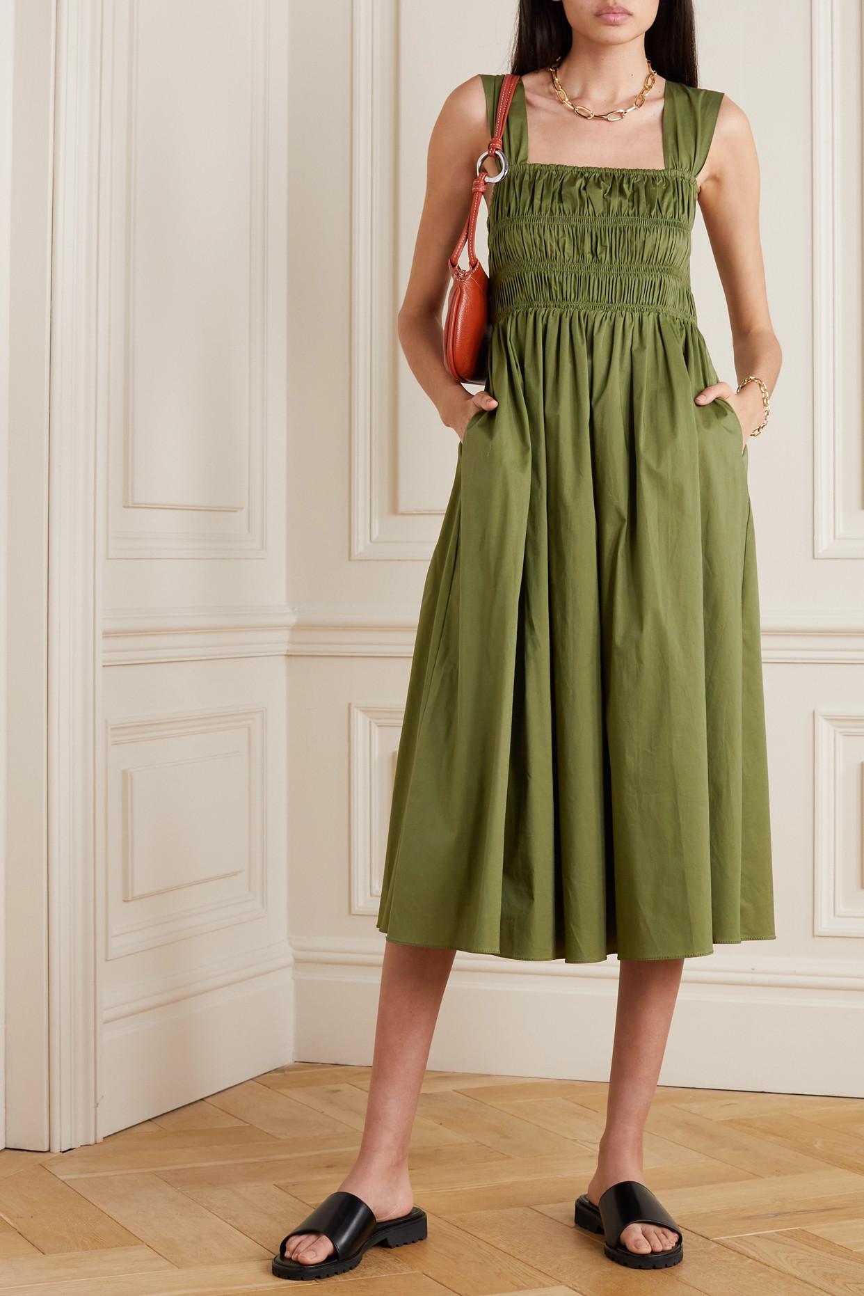 STAUD Ida Ruched Stretch-cotton Poplin Midi Dress in Green | Lyst