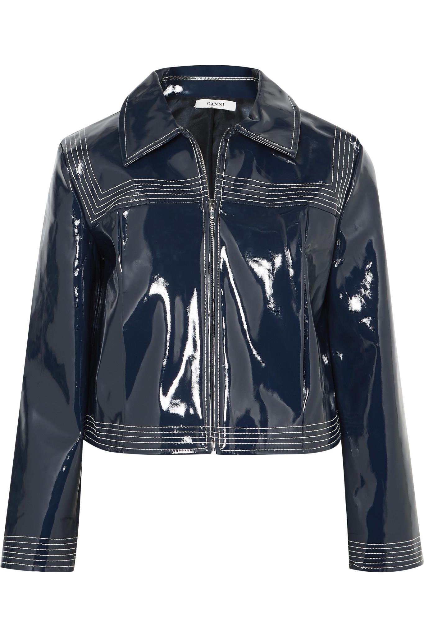 Ganni Cropped Faux Patent-leather Jacket in Dark Blue (Blue) - Lyst