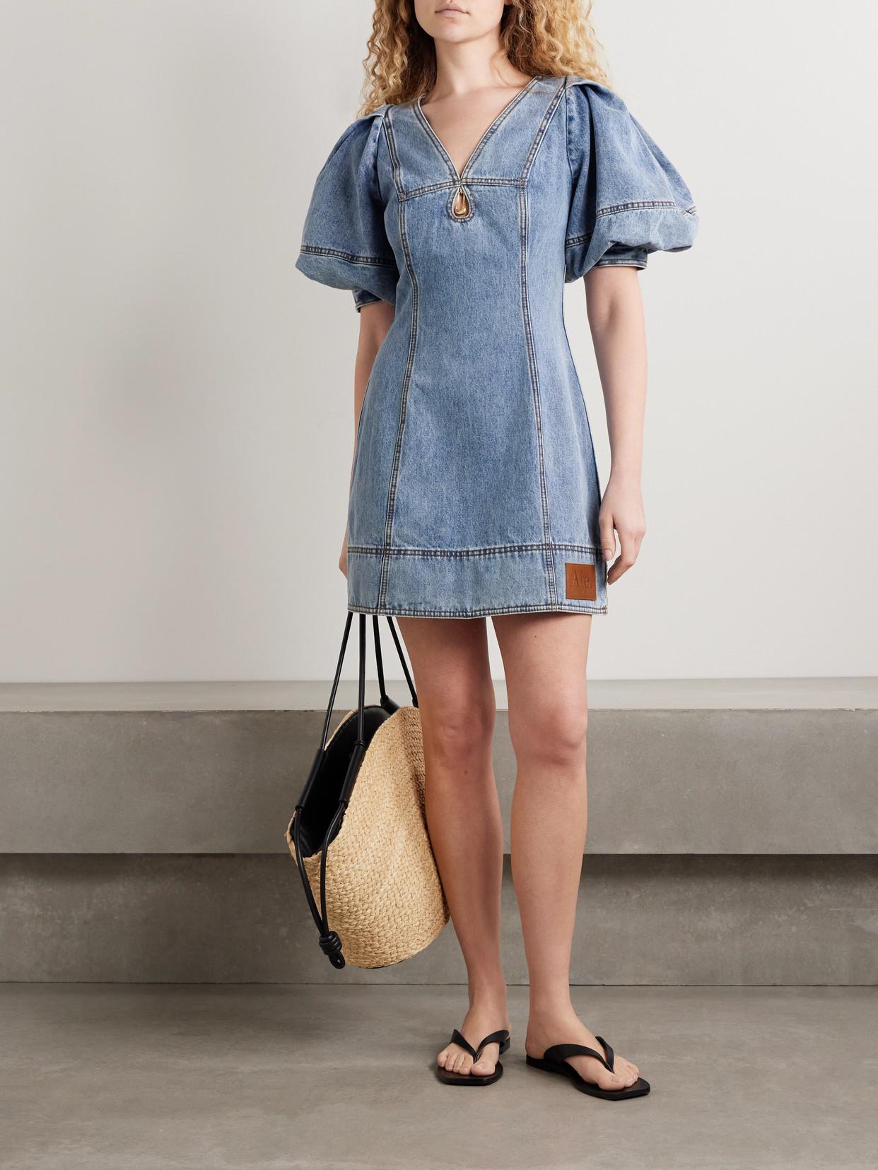 aje denim puff sleeve dress Neo Denim Midi Dress | Washed Indigo