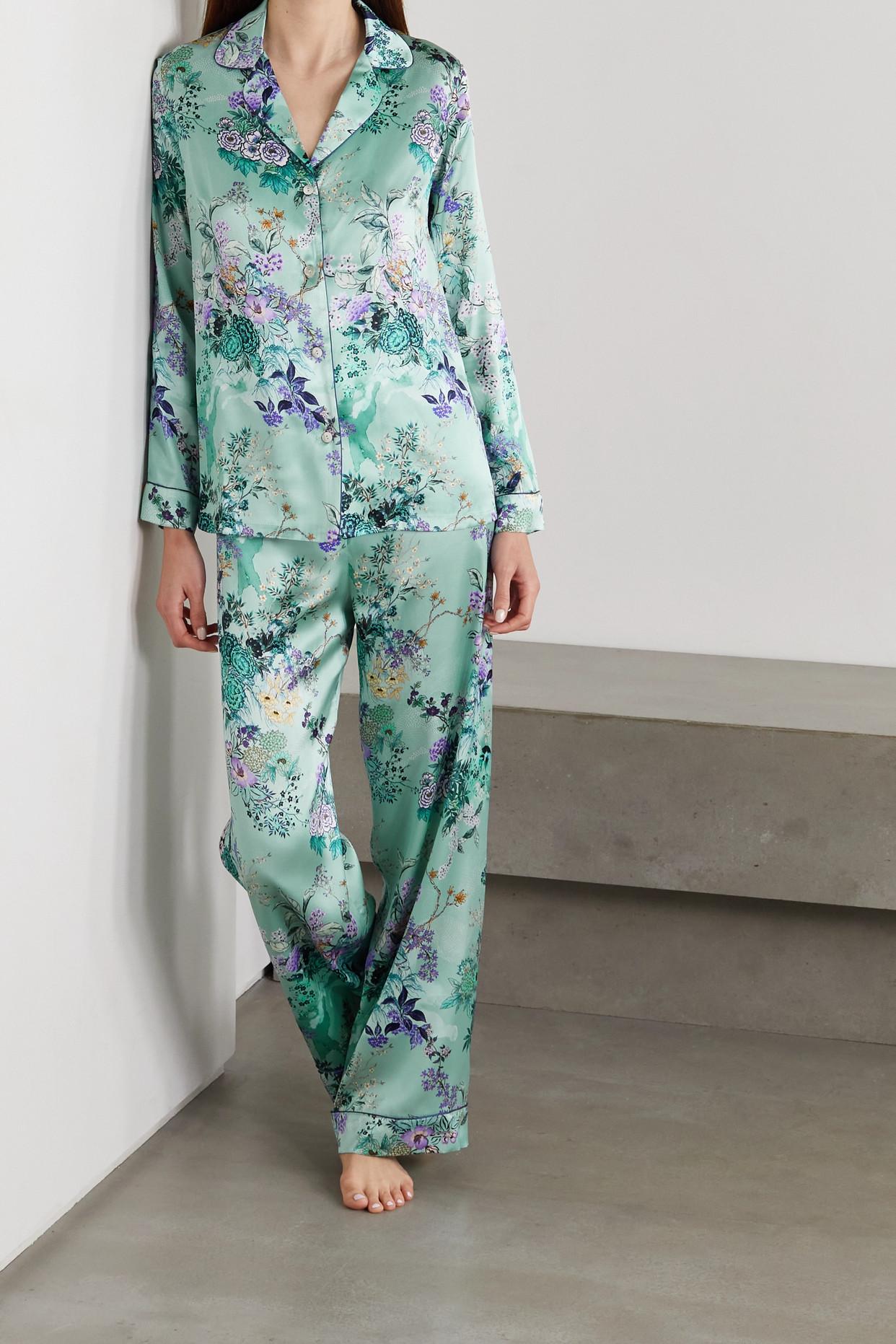 Green Floral Print Satin Pajama Set Smooth Comfort Short - Temu United  Kingdom