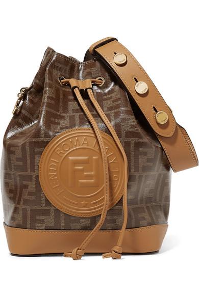 FENDI: Mon Tresor bucket bag in leather with embossed logo - Brick
