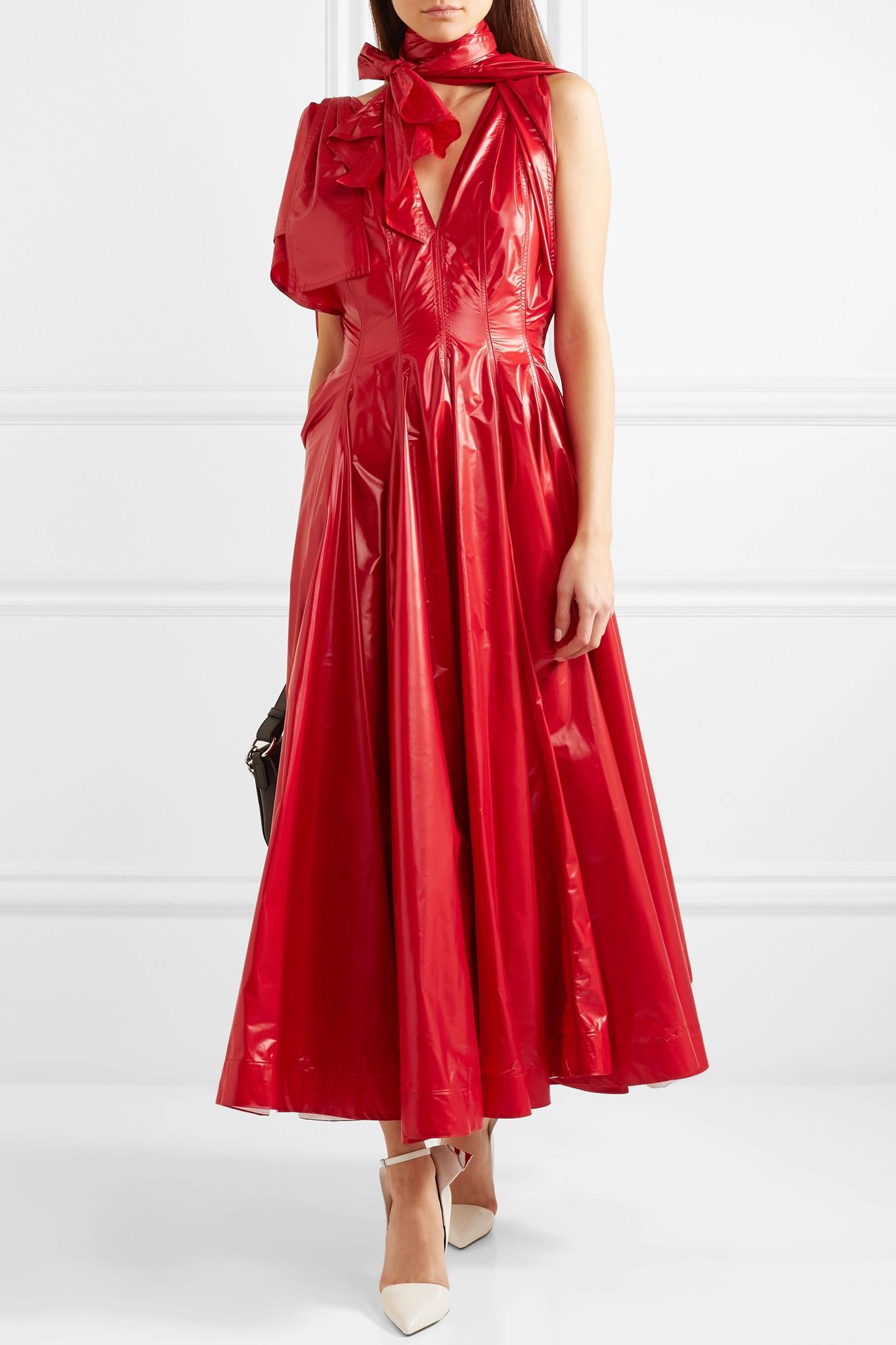 CALVIN KLEIN 205W39NYC Bow-detailed Pleated Vinyl Maxi Dress Red - Lyst