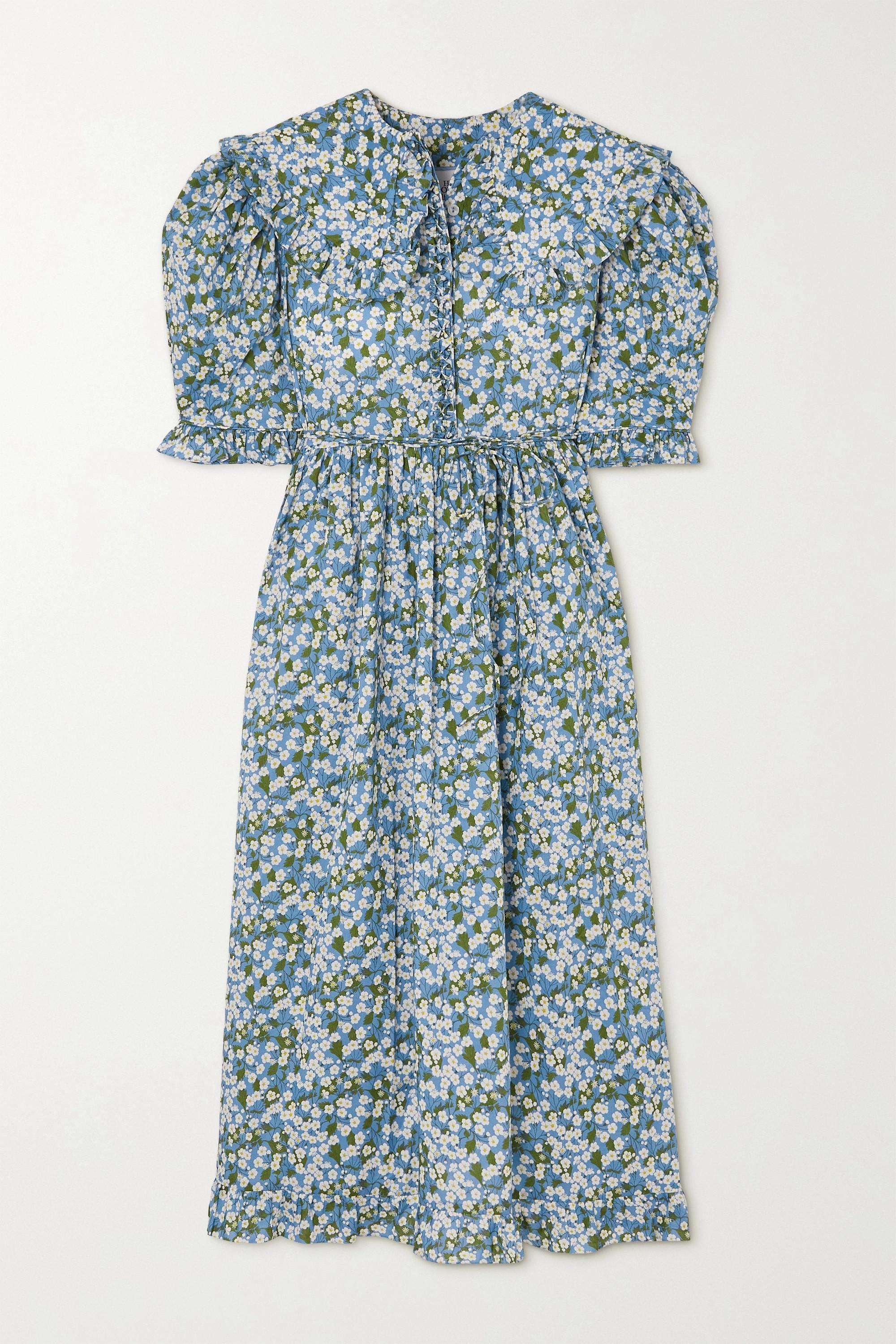 Horror Vacui Antonia Ruffled Floral-print Cotton-poplin Midi Dress in Blue  | Lyst Australia