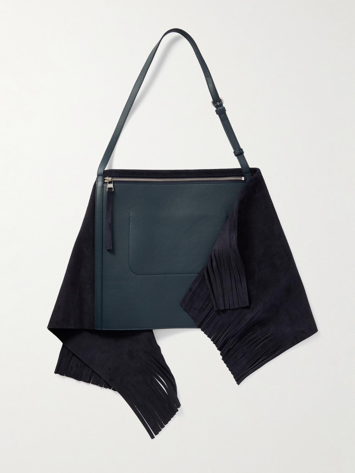 JW Anderson Scarf Fringed Leather-Trimmed Suede Shoulder Bag