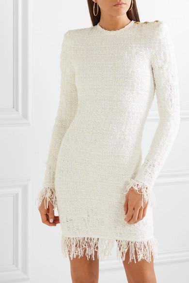 Balmain Fringed Tweed Dress in White | Lyst