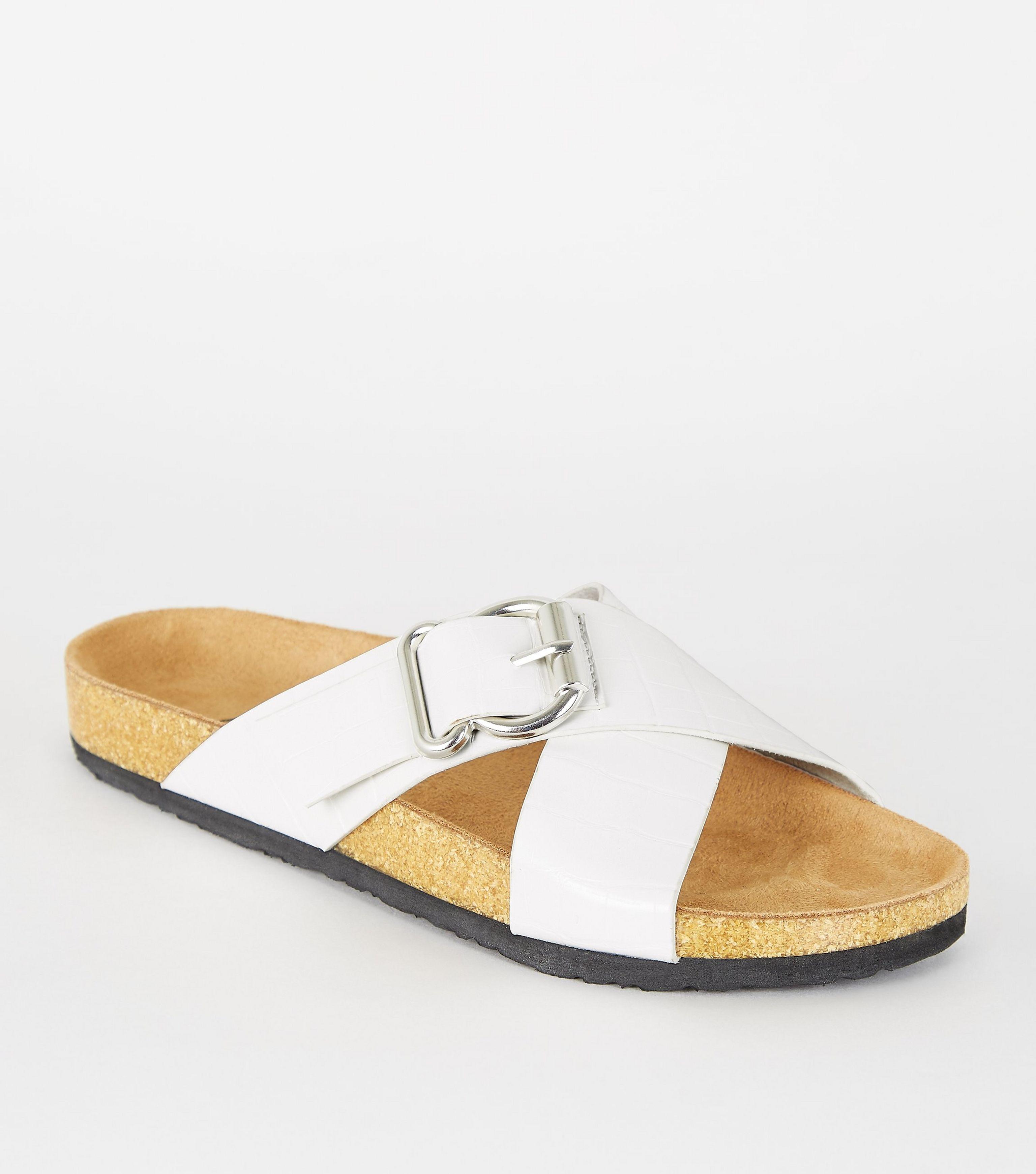 new look cross strap flat slider sandal in black croc