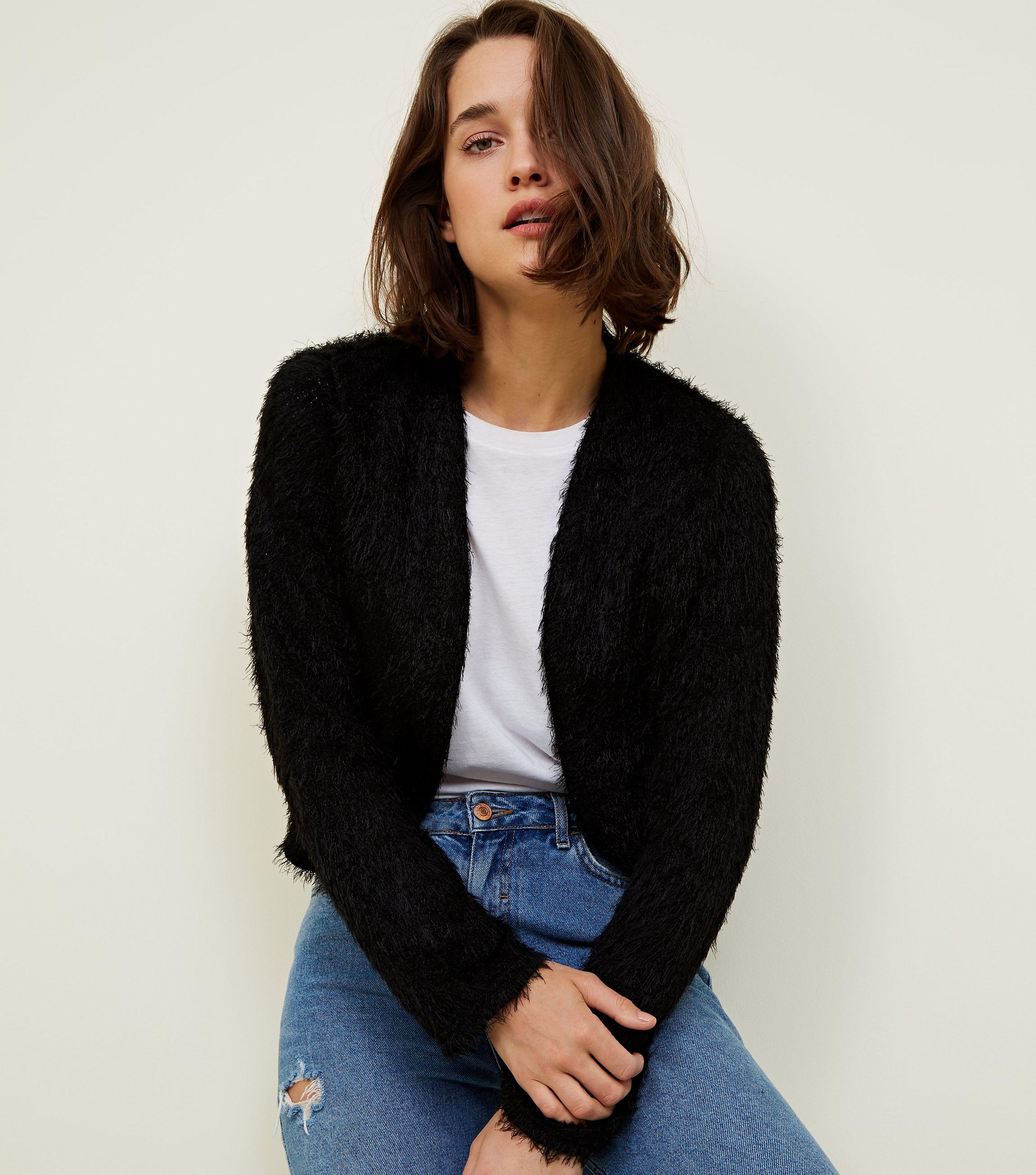 black fluffy long cardigan