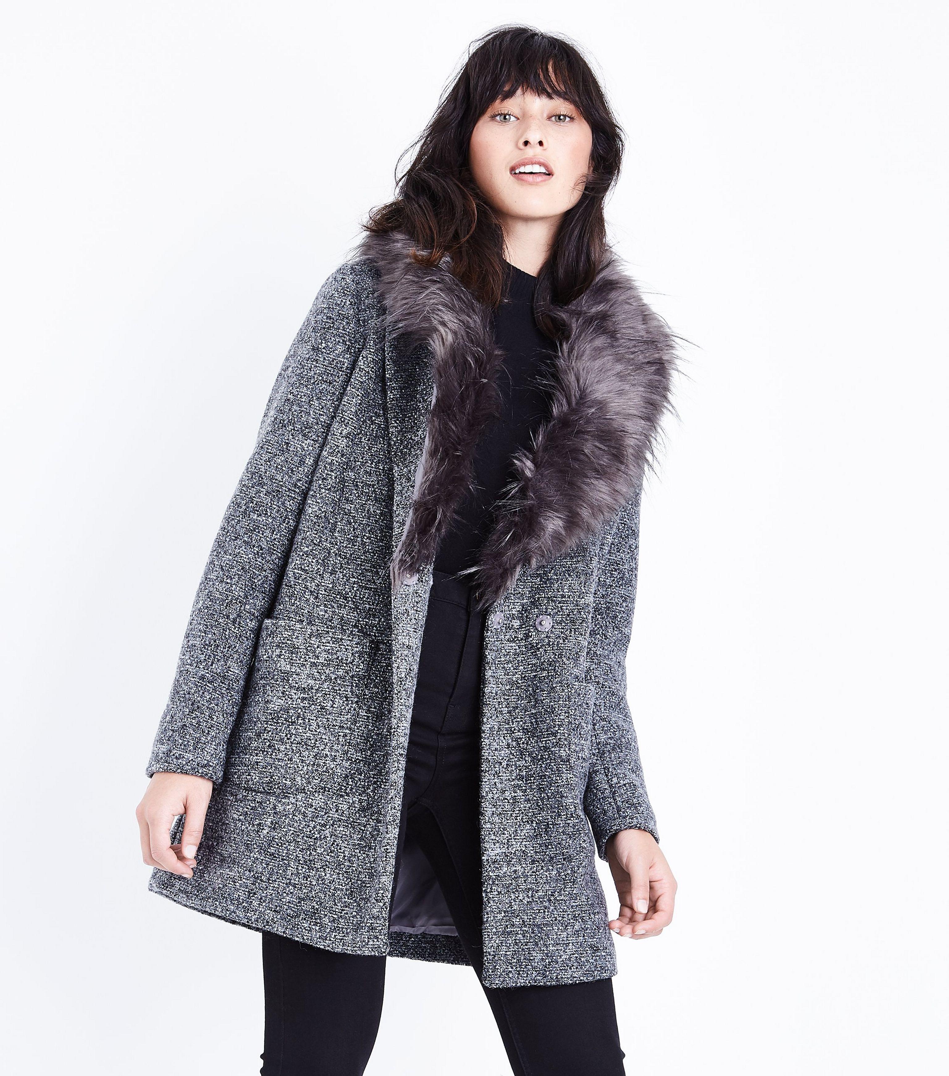 New Look Black Speckled Faux Fur Collar Coat Lyst