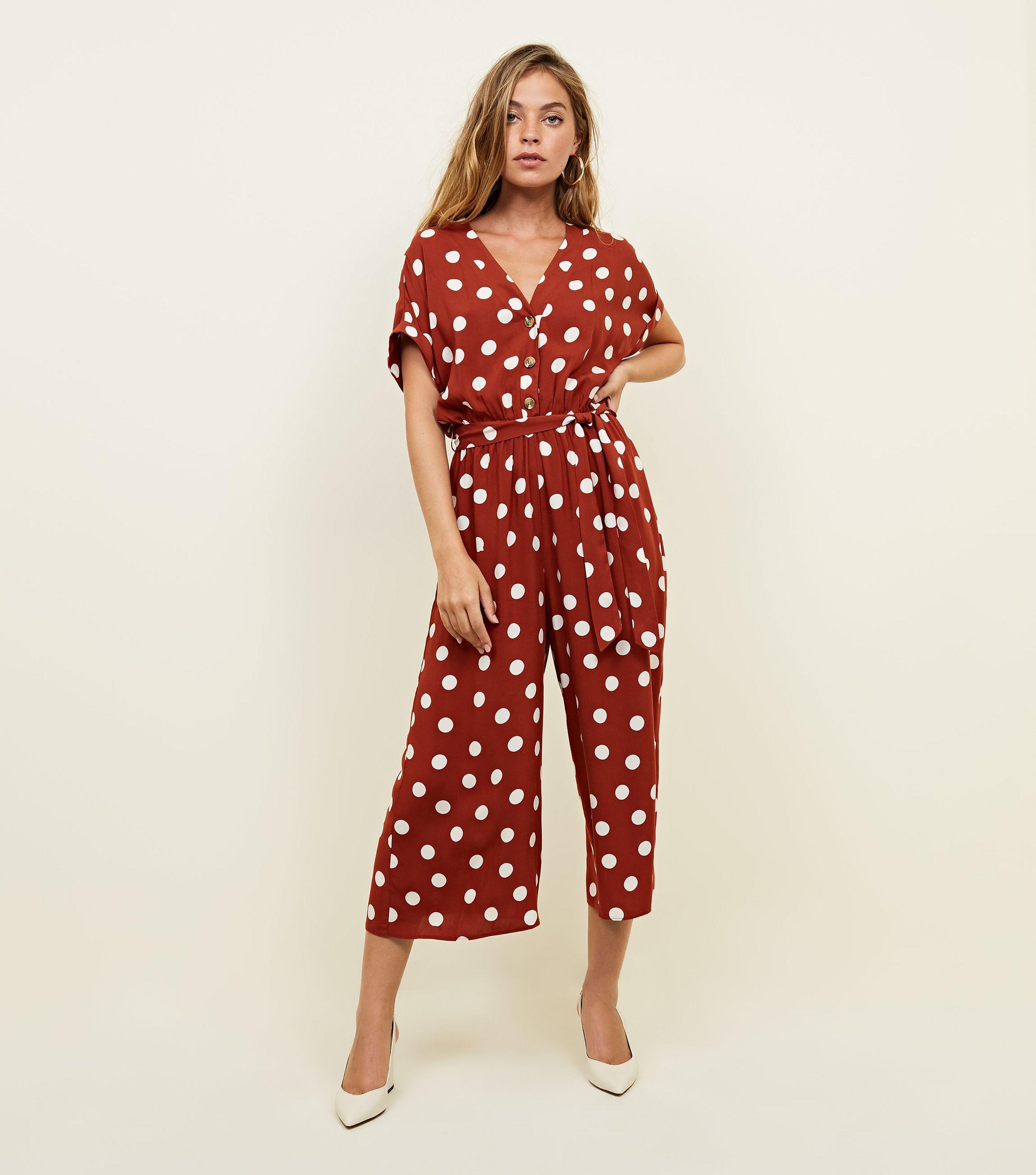 New Look Synthetic Petite Brown Spot Print Jumpsuit - Lyst