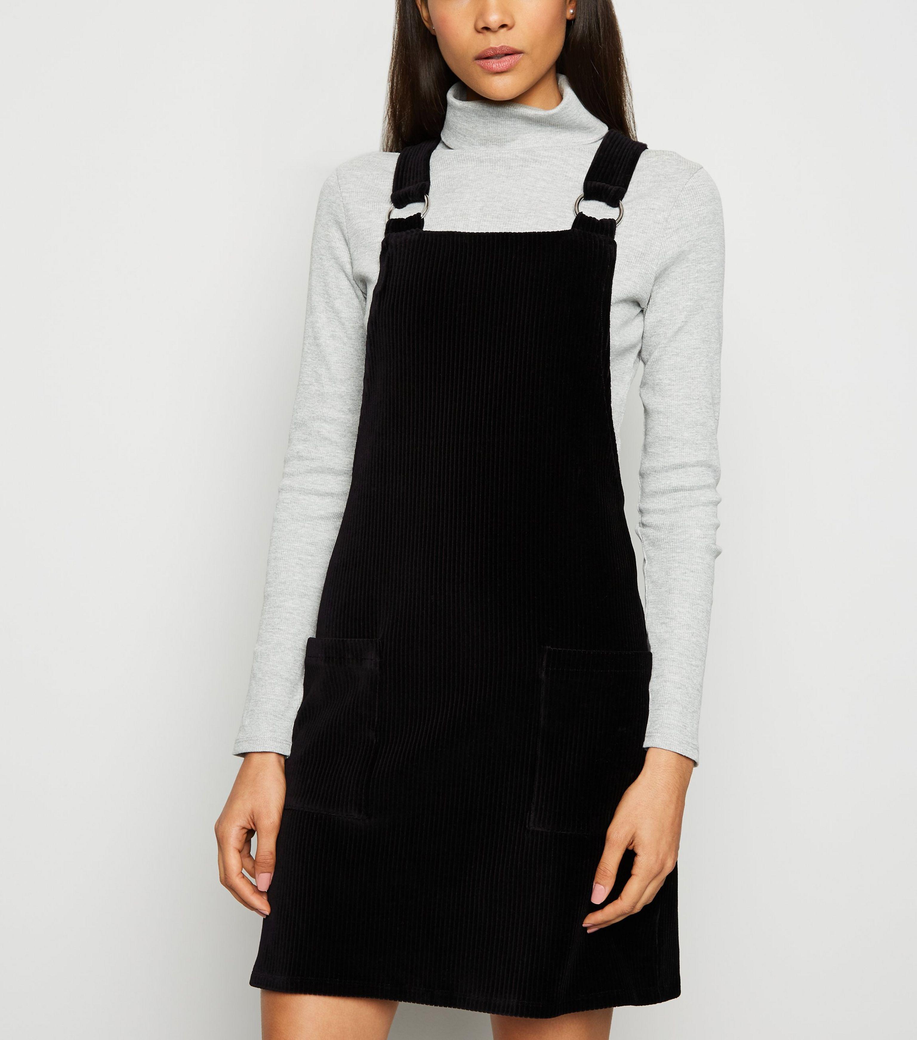 New Look Black Corduroy Ring Buckle Pinafore Dress - Lyst