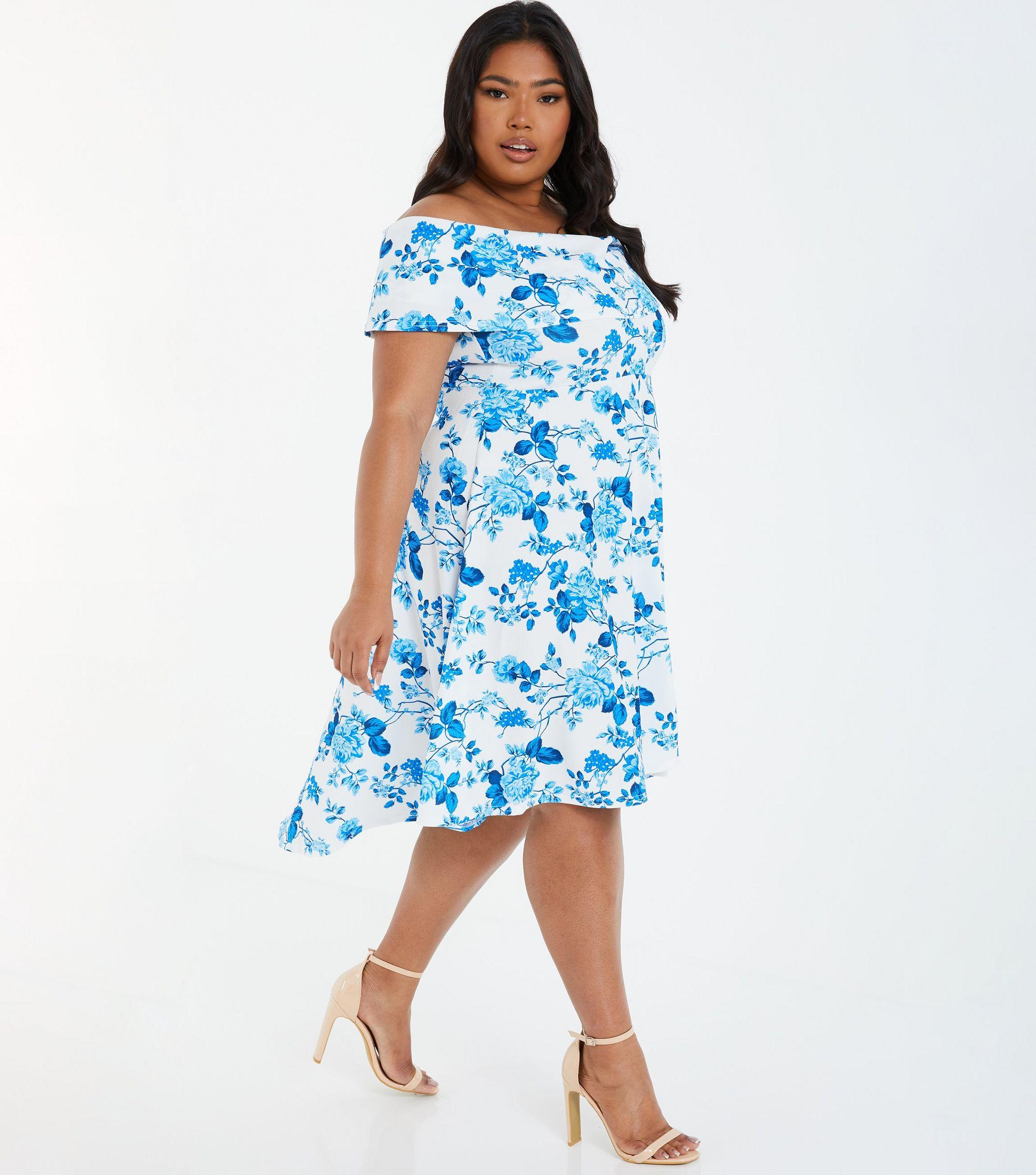 Quiz Synthetic Curves Blue Floral Bardot Dip Hem Midi Dress New Look in