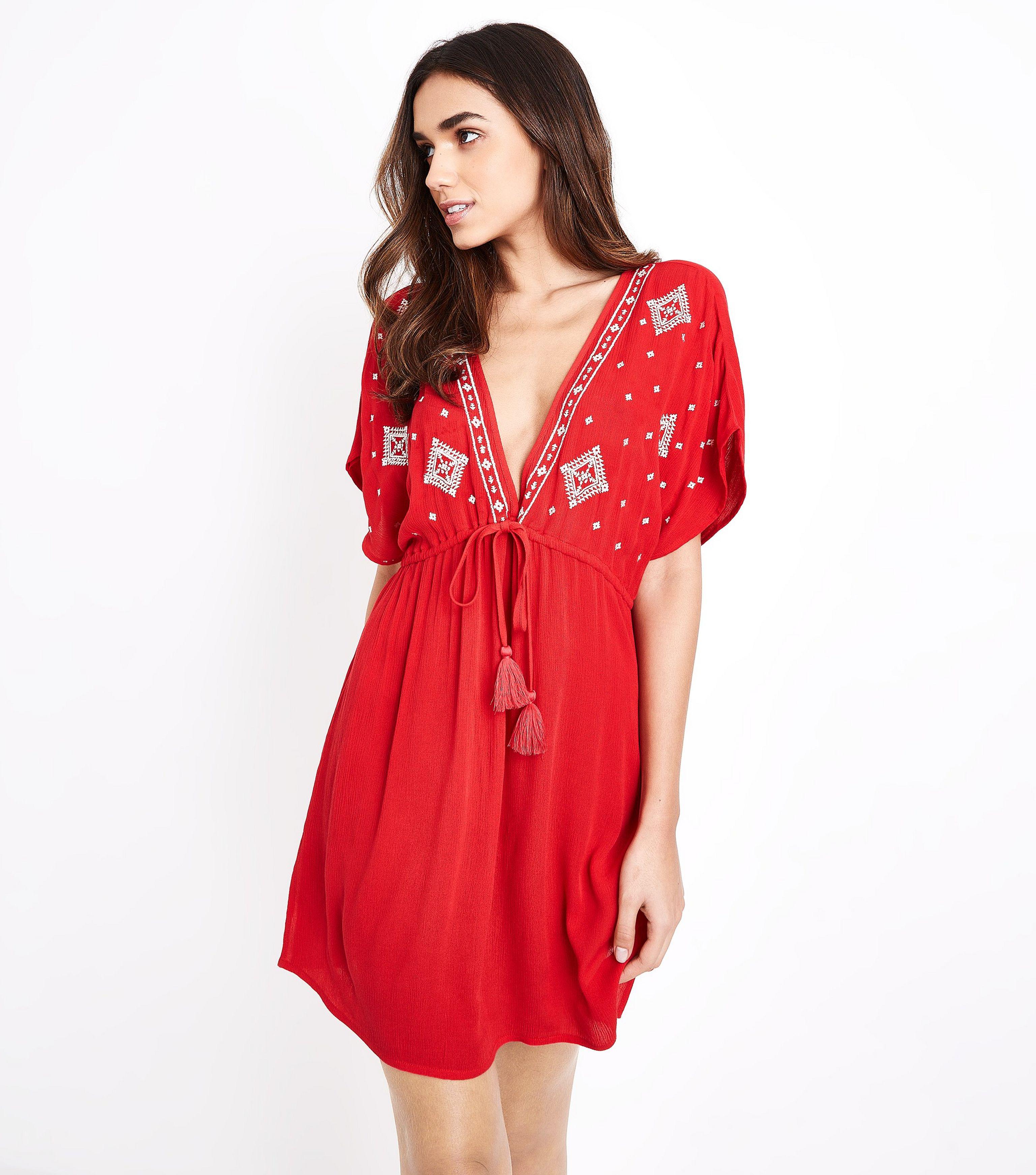 New Look Synthetic Red Aztec Embroidered Beach Kaftan Lyst
