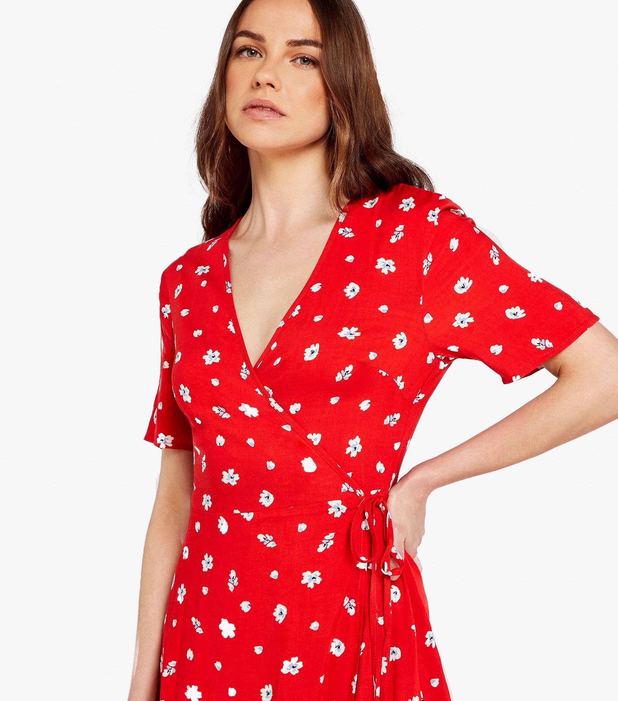 red patterned wrap dress