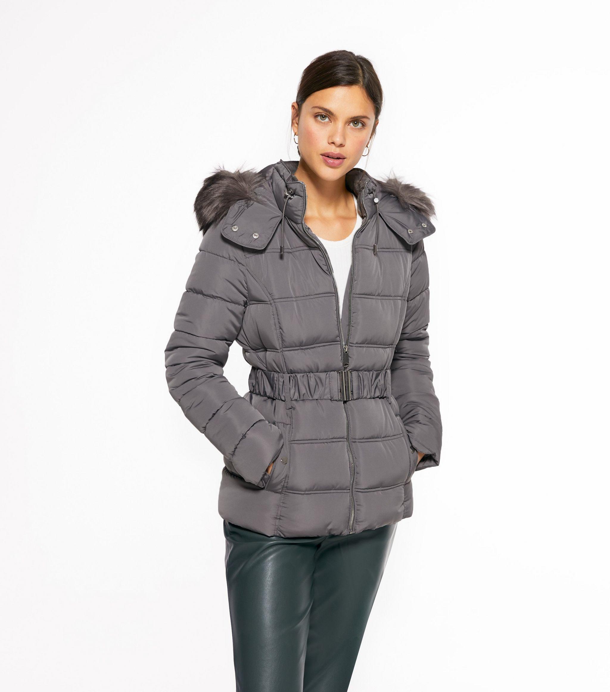 dark grey puffer coat with fur hood