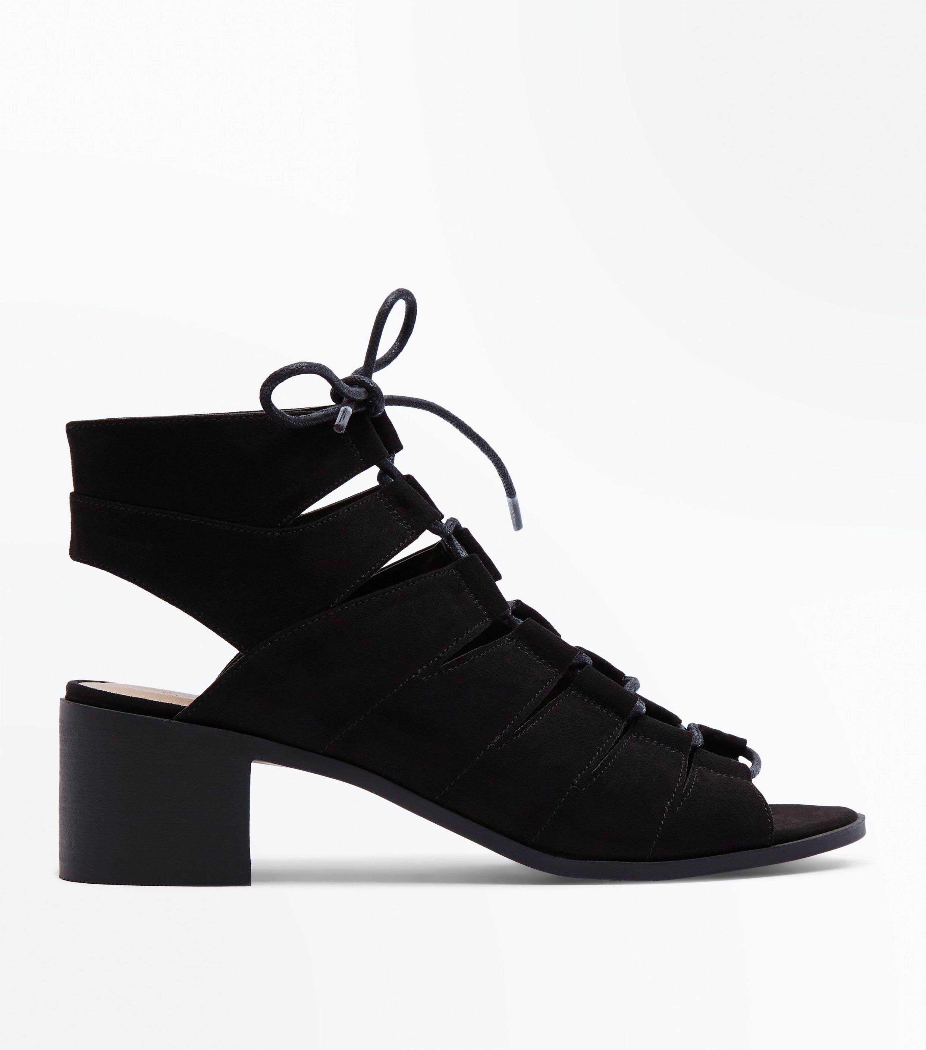 black suedette low block heel ghillie sandals