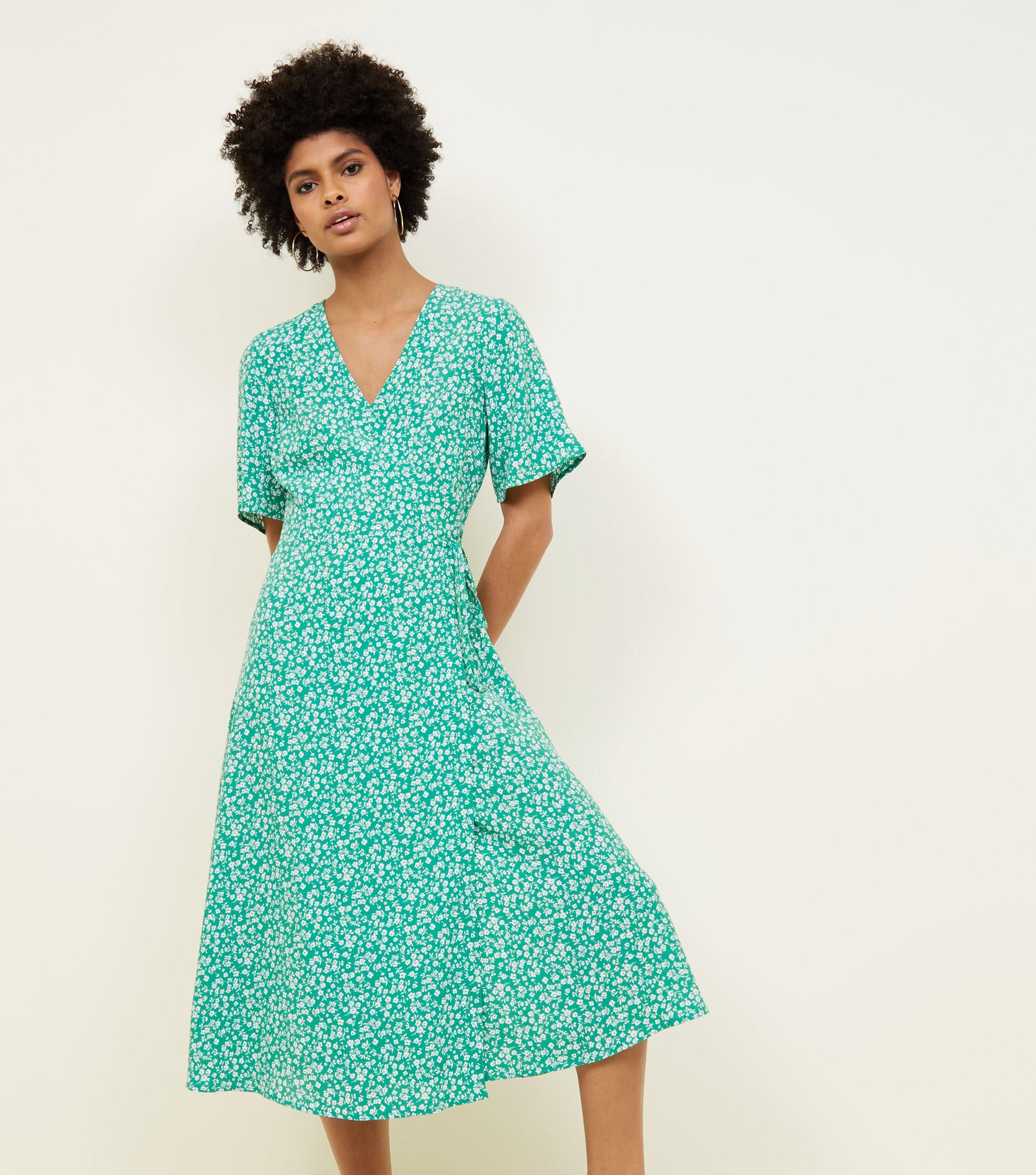 new look green floral wrap dress