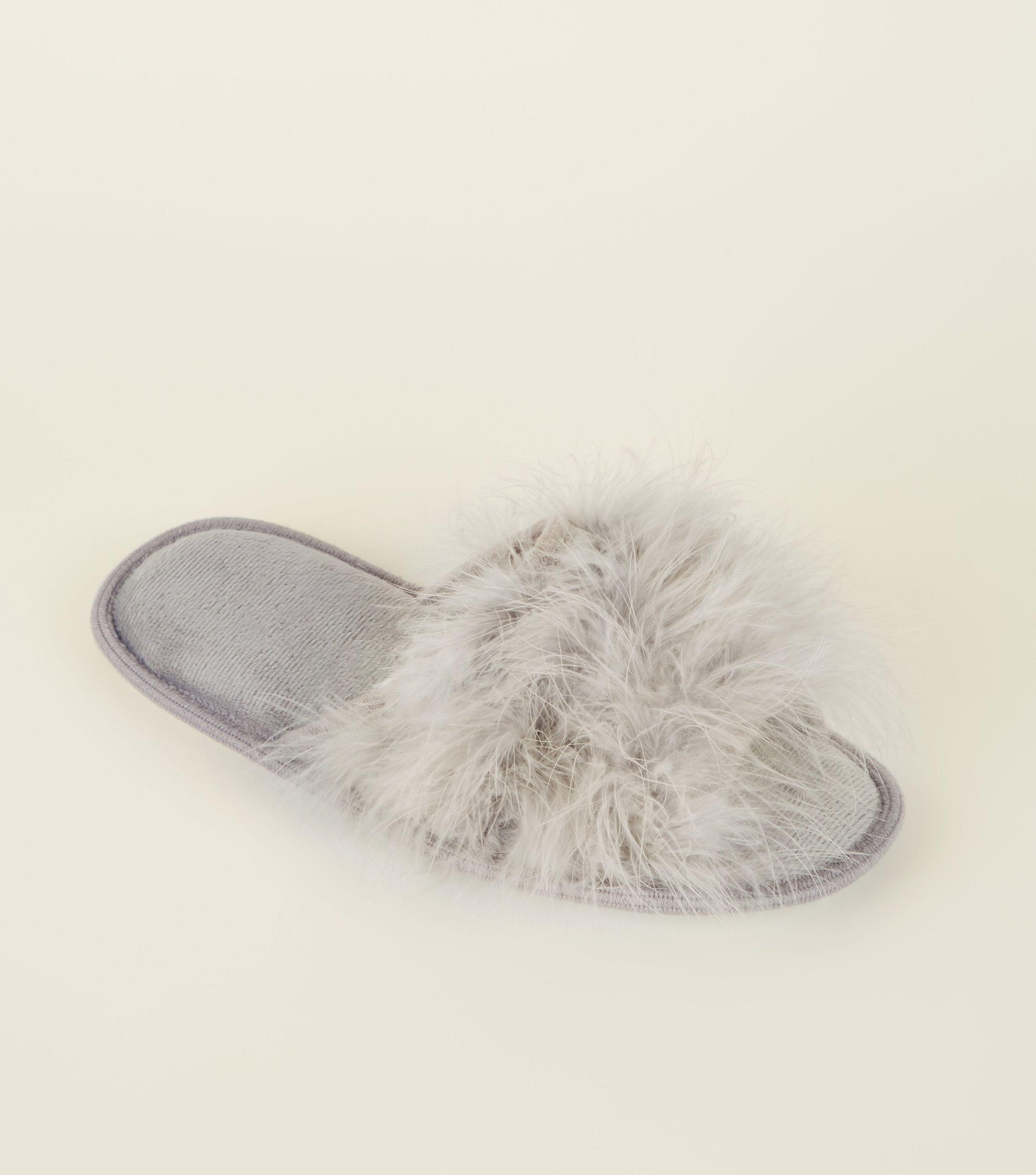 Fur Grey Fluffy Feather Slider Slippers 