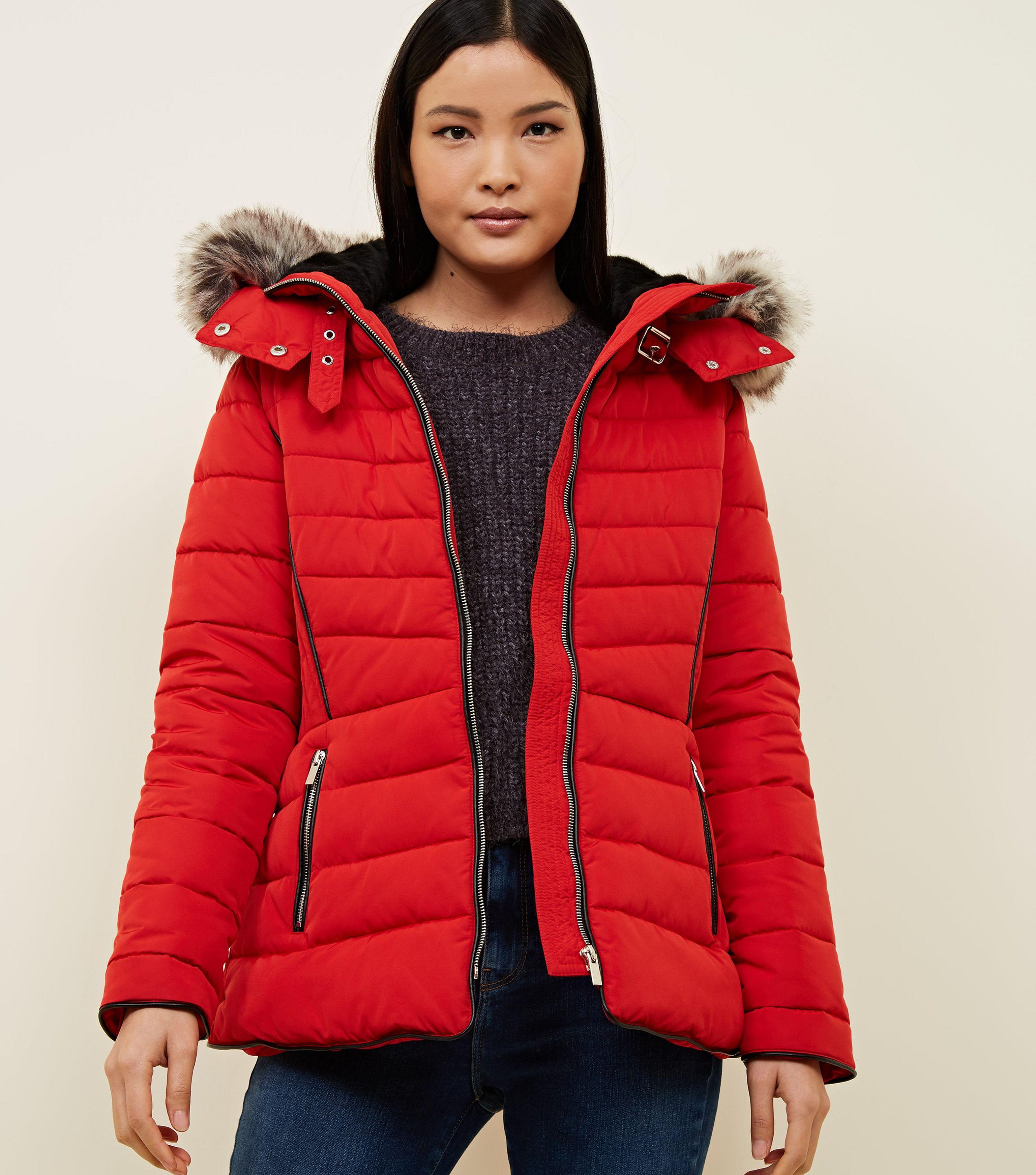 puffer jacket with fur hood red