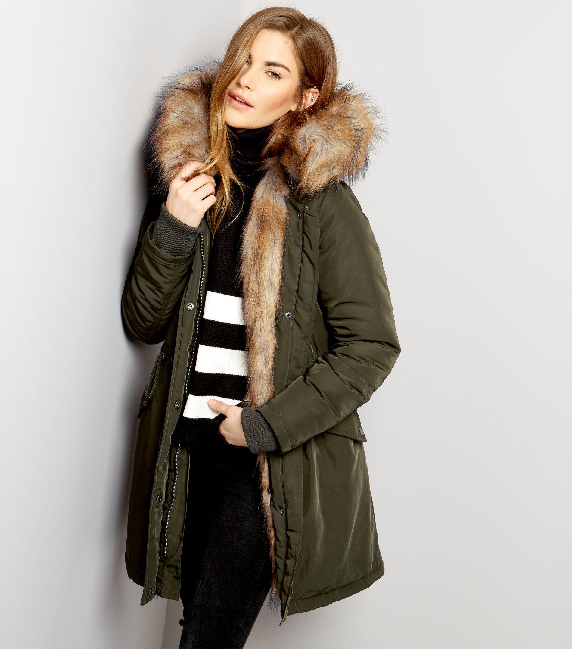 New Look Khaki Faux Fur Lined Hooded Parka in Natural - Lyst