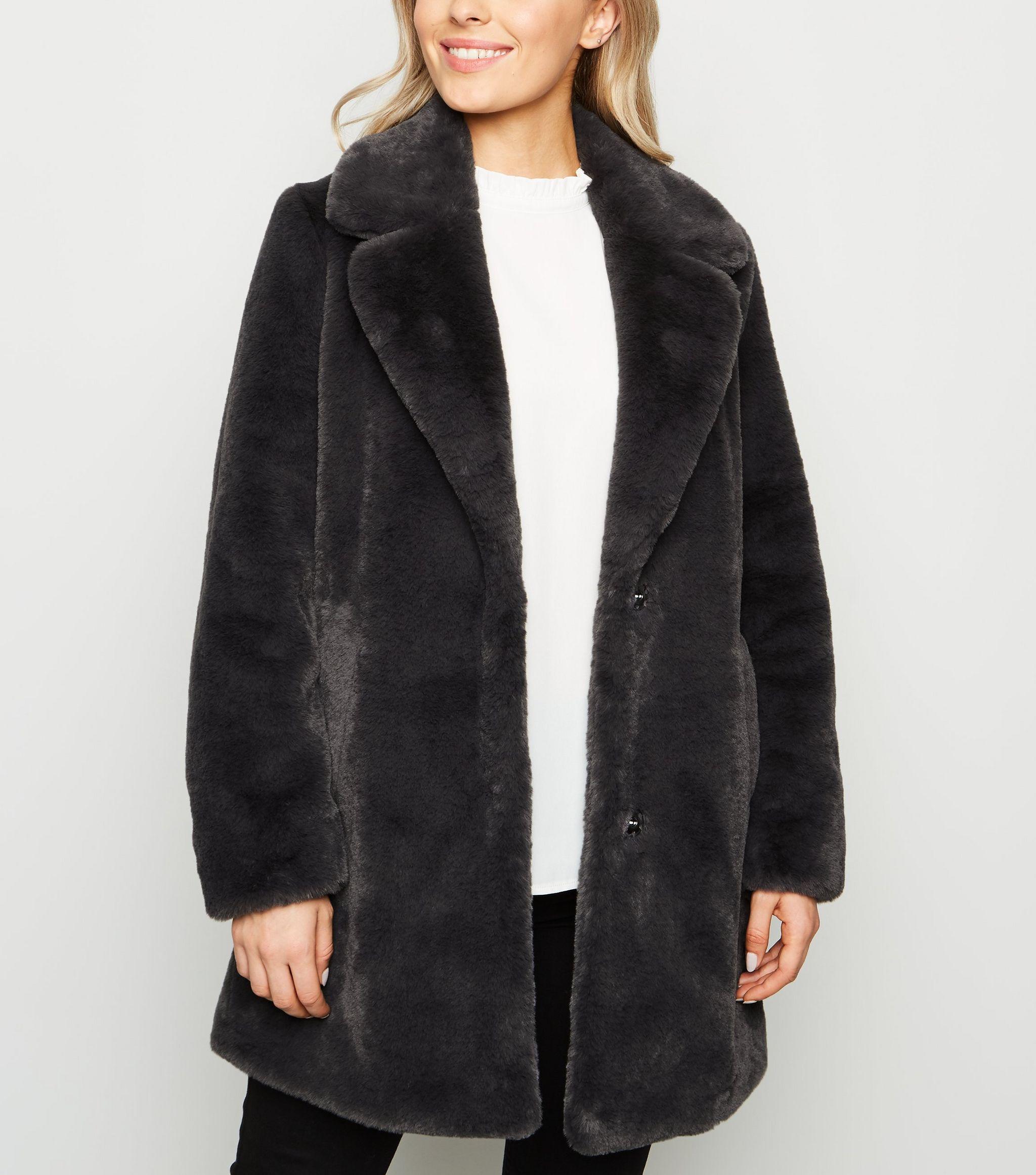 new look faux fur short coat in grey