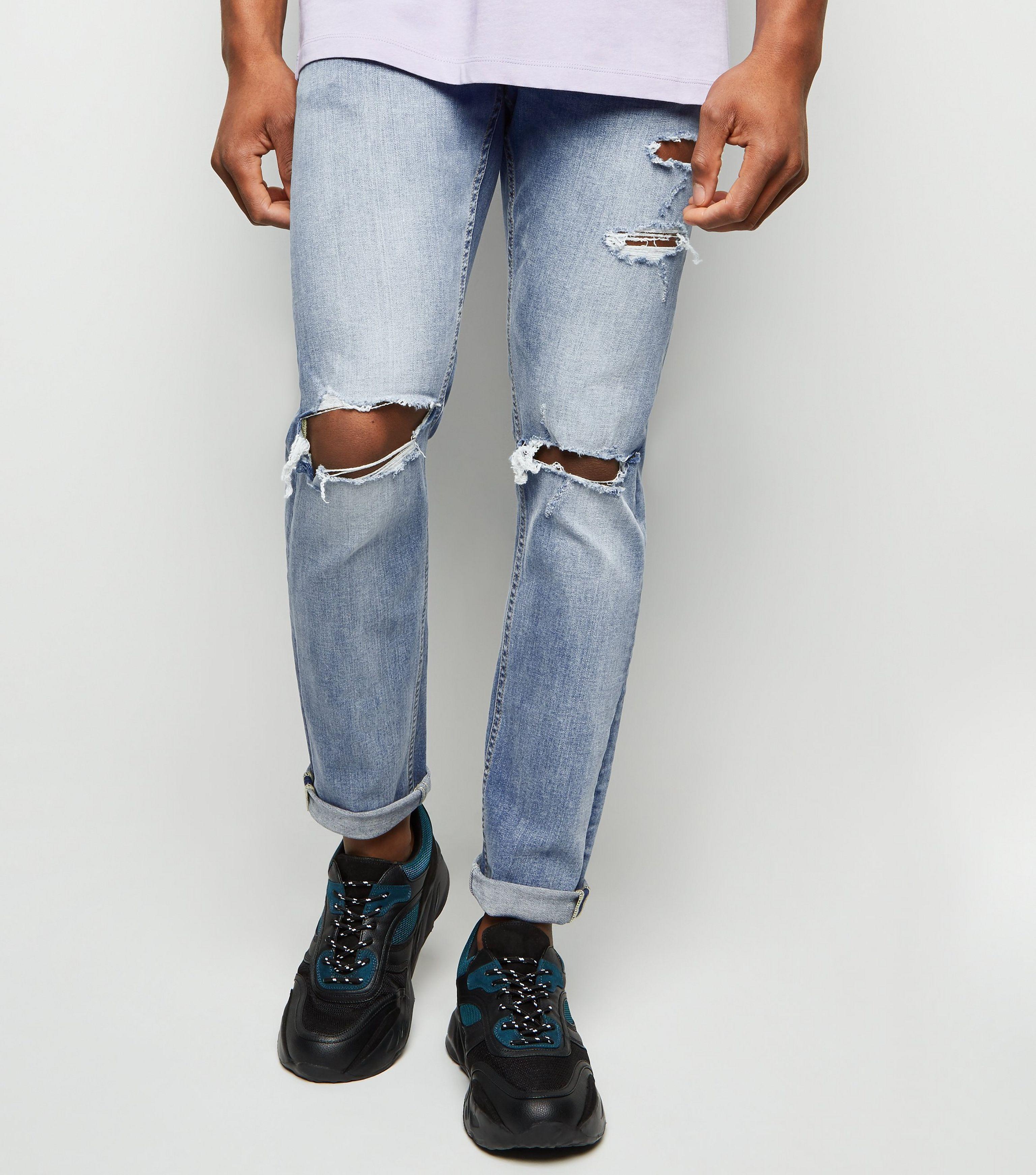 New Look Denim Blue Washed Skinny Stretch Ripped Knee Jeans for Men - Lyst