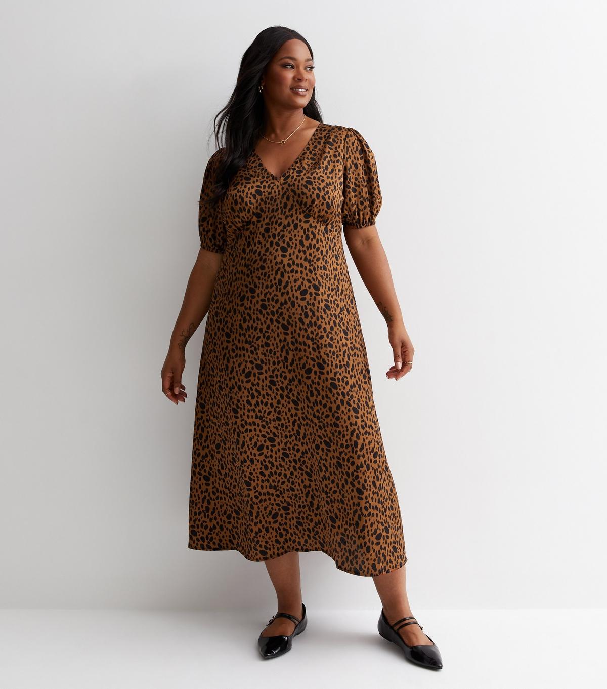 New Look Plus Size Leopard Print Satin Midi Dress Curves in Brown Lyst UK