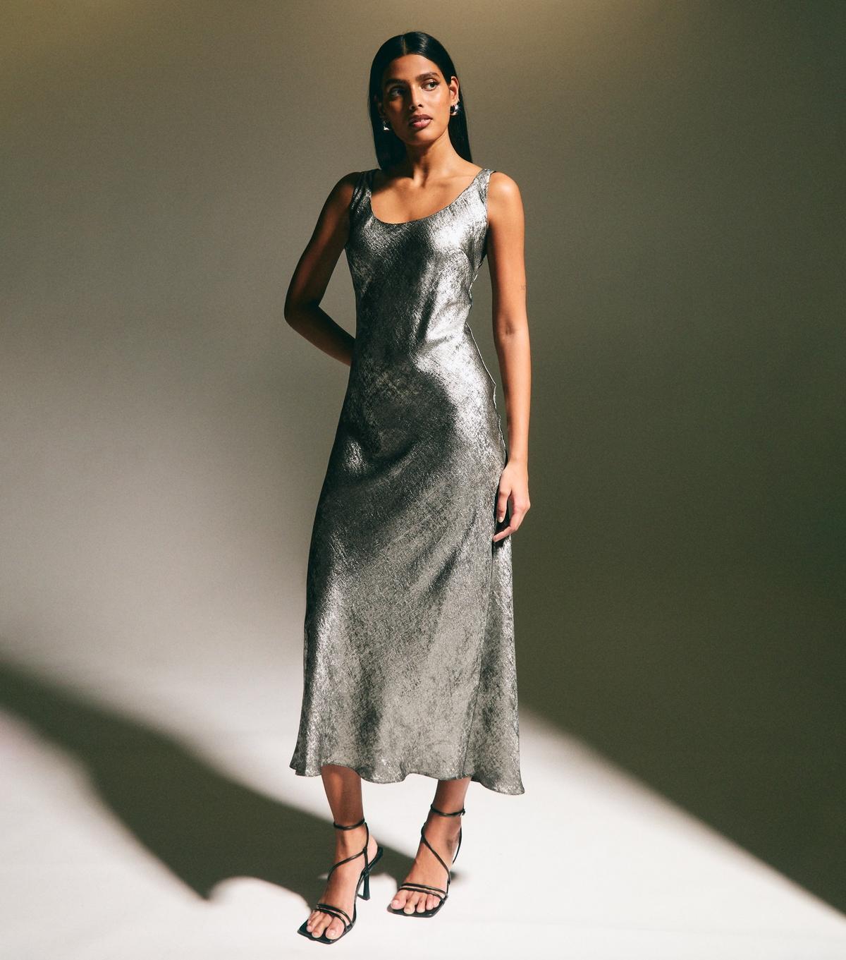 New Look Metallic Foil Midi Slip Dress in Green | Lyst UK