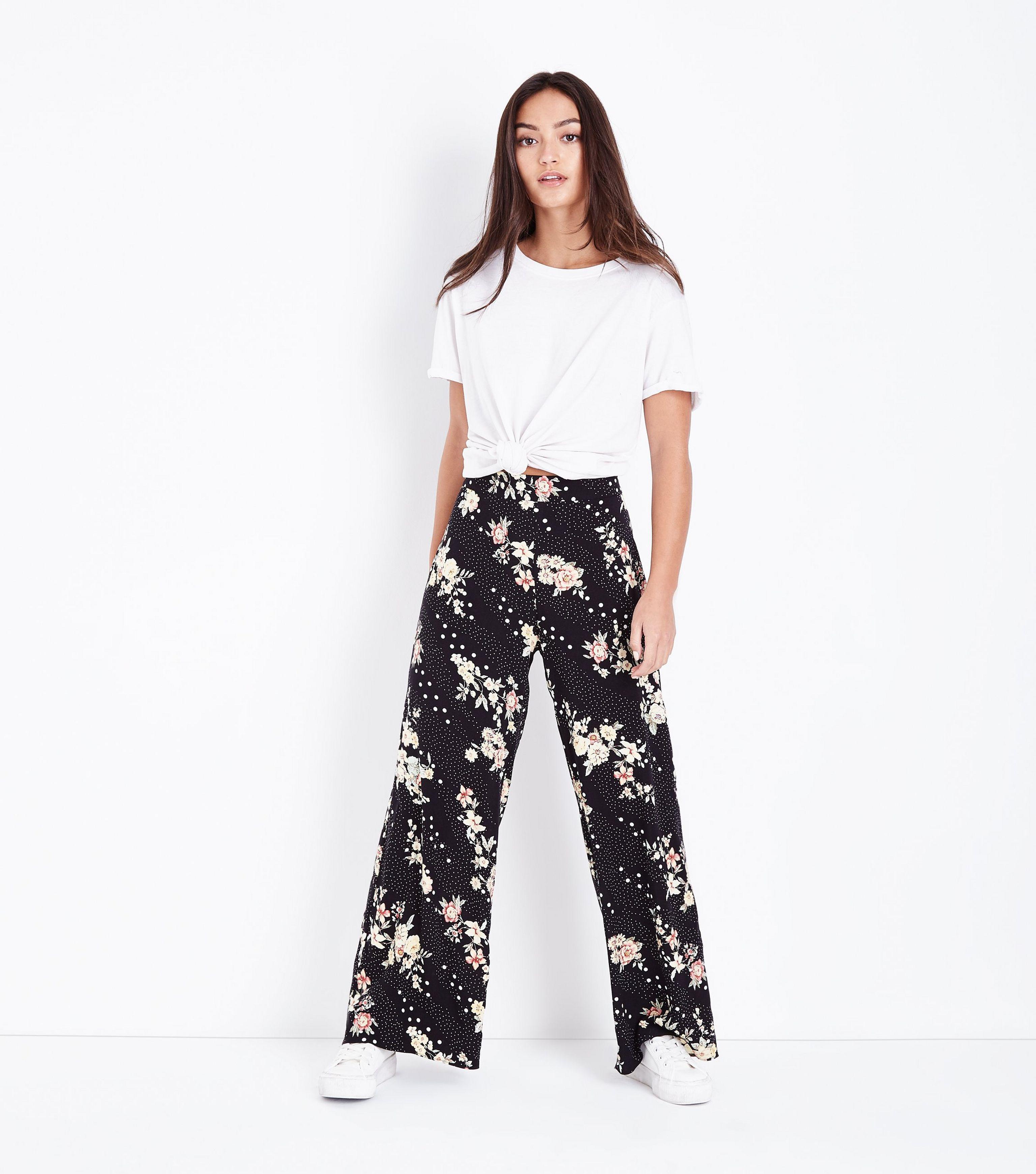 Floral Black Petite Women's Spot Leg Print Wide Trousers zMqSVpUG