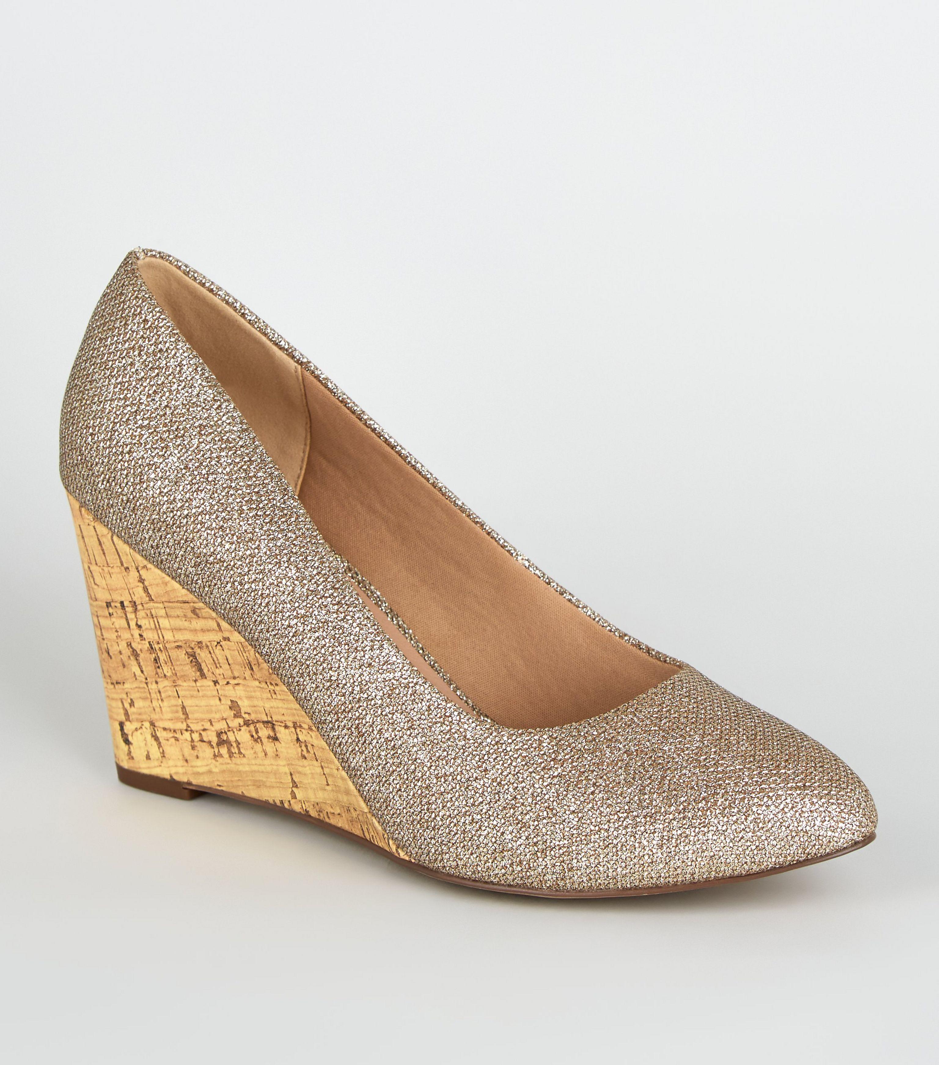 New Look Wide Fit Gold Glitter Cork Wedges in Metallic - Lyst