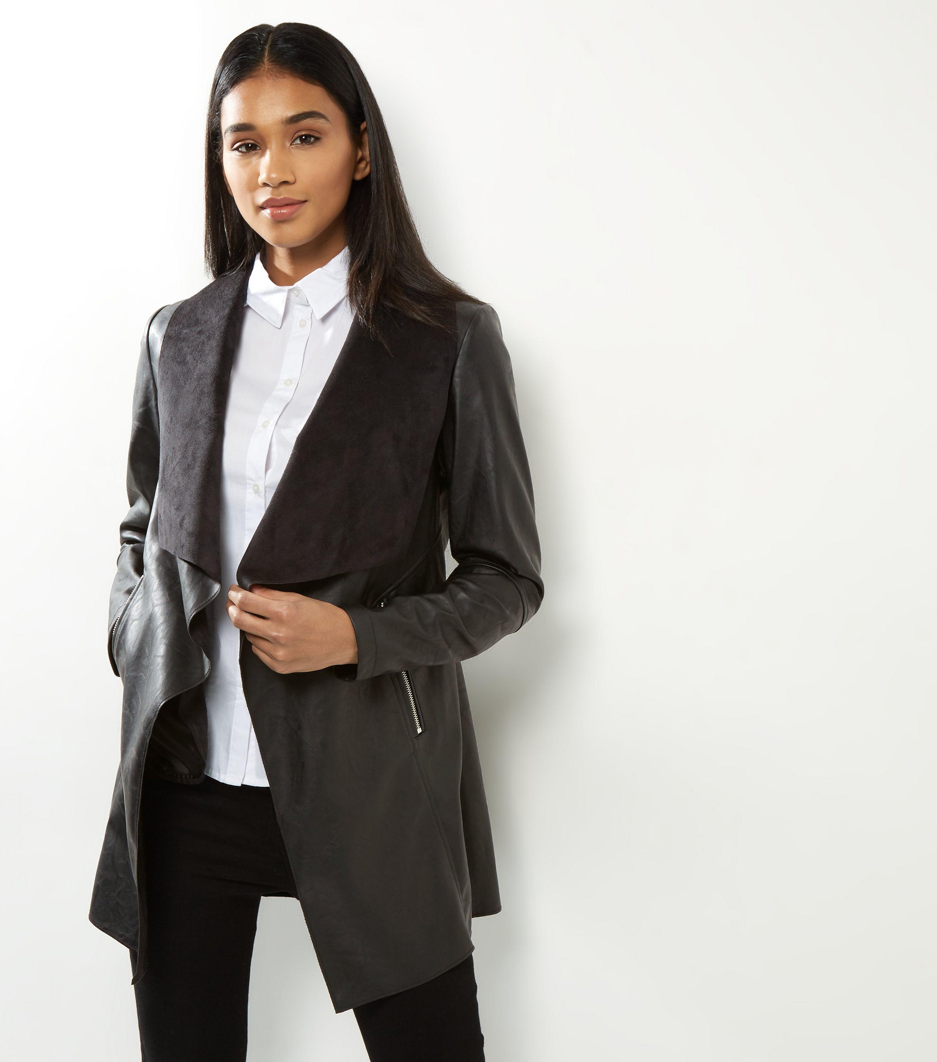 New Look Black Leather Longline Waterfall Jacket In Lyst Gallery Previously Sold At New Look Women S Waterfall Jackets