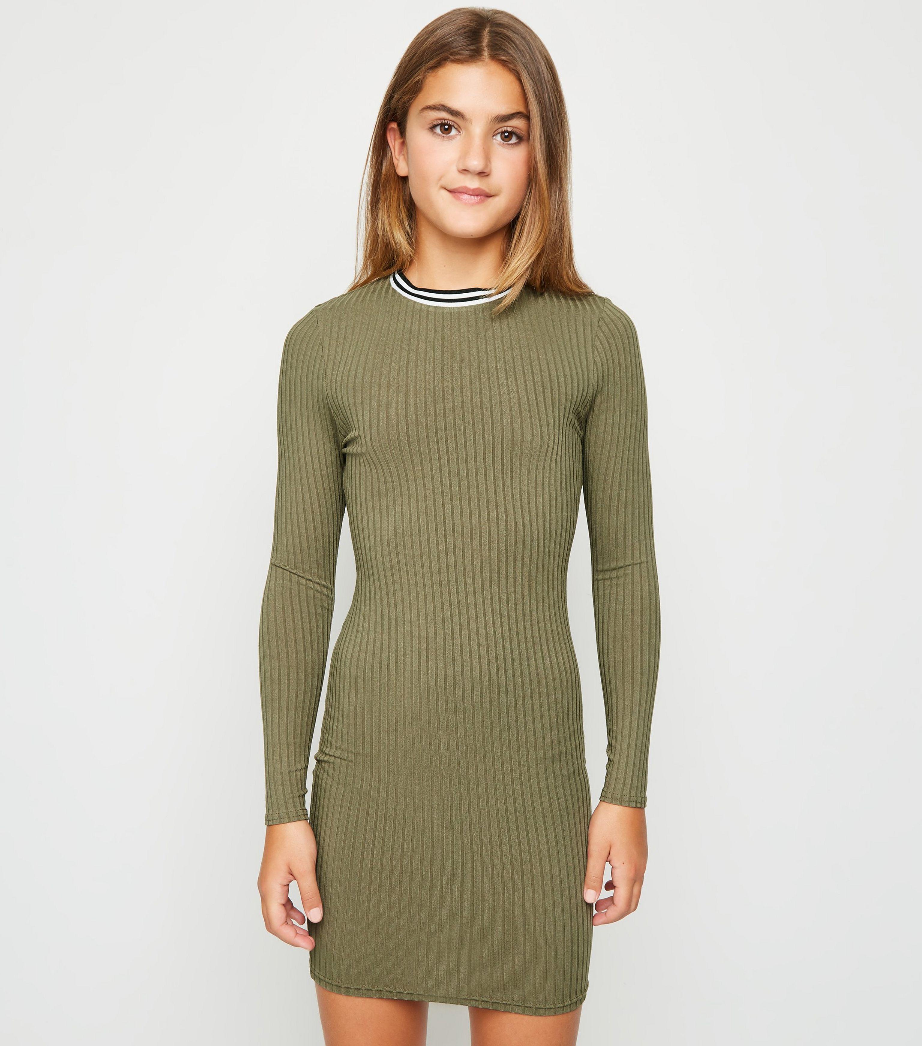 Girls Khaki Long Sleeve Bodycon Dress 
