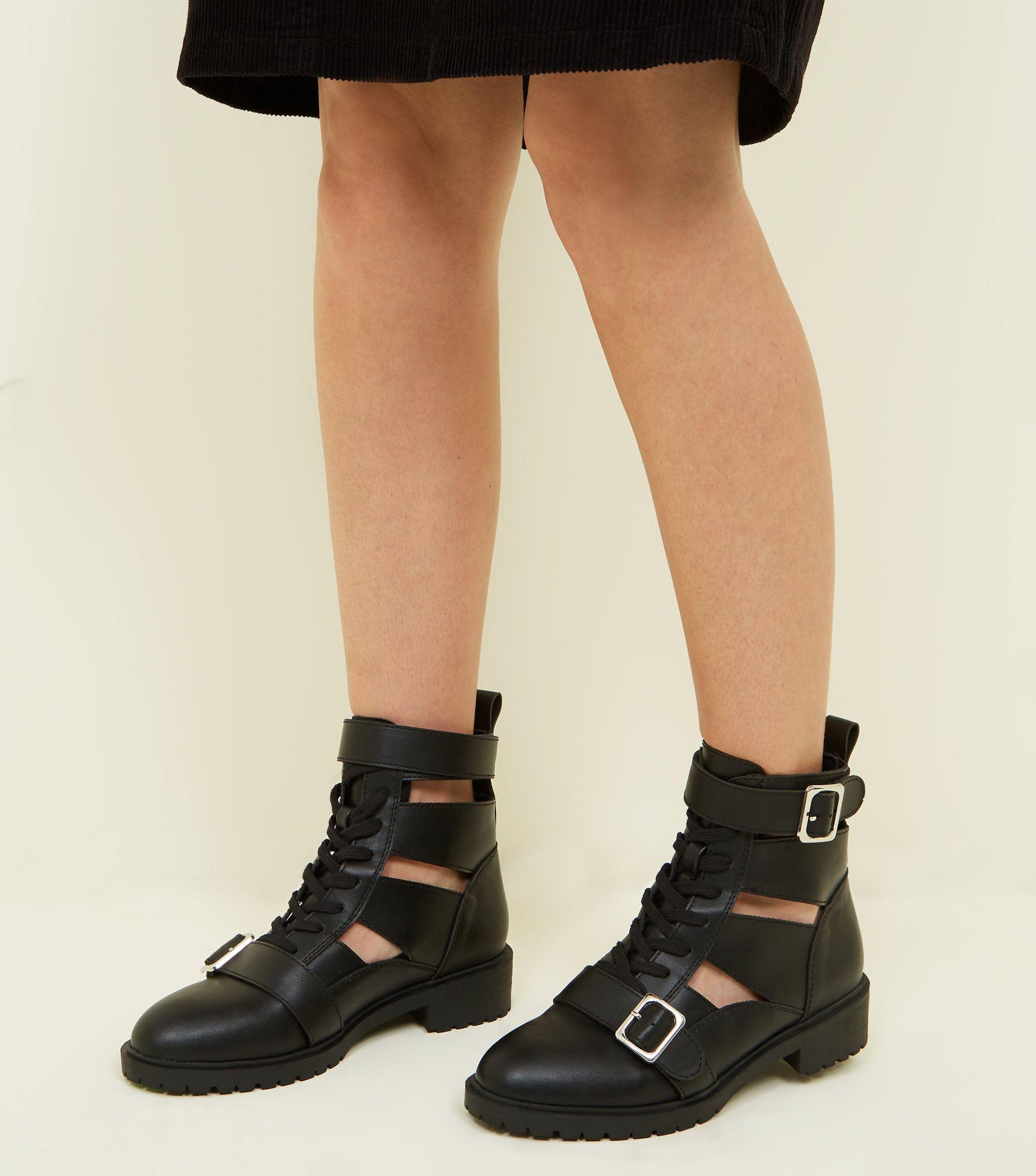 New Look Leather Cut Out Lace Up Biker Boots in Black - Lyst