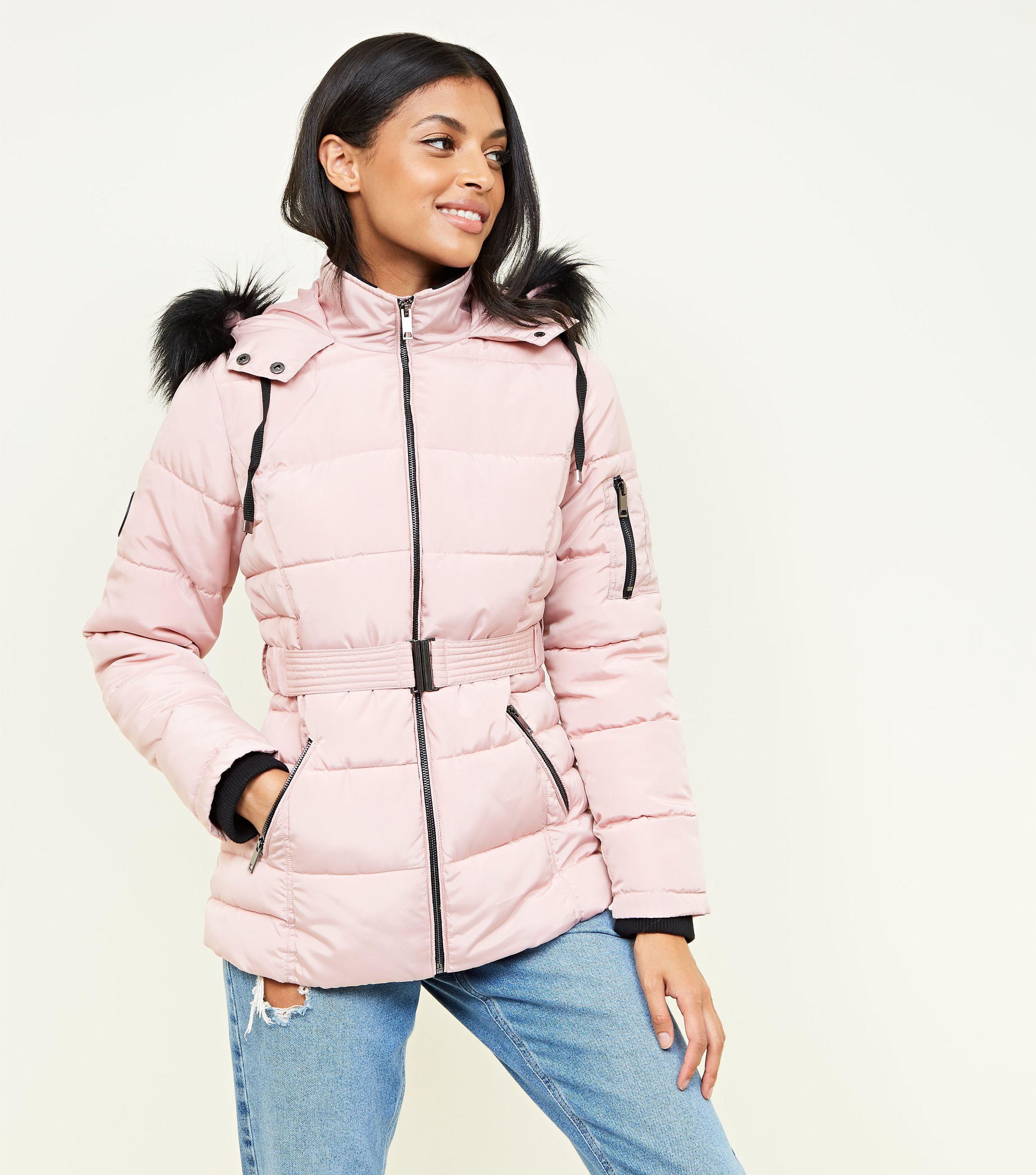 pink puffer jacket fur hood